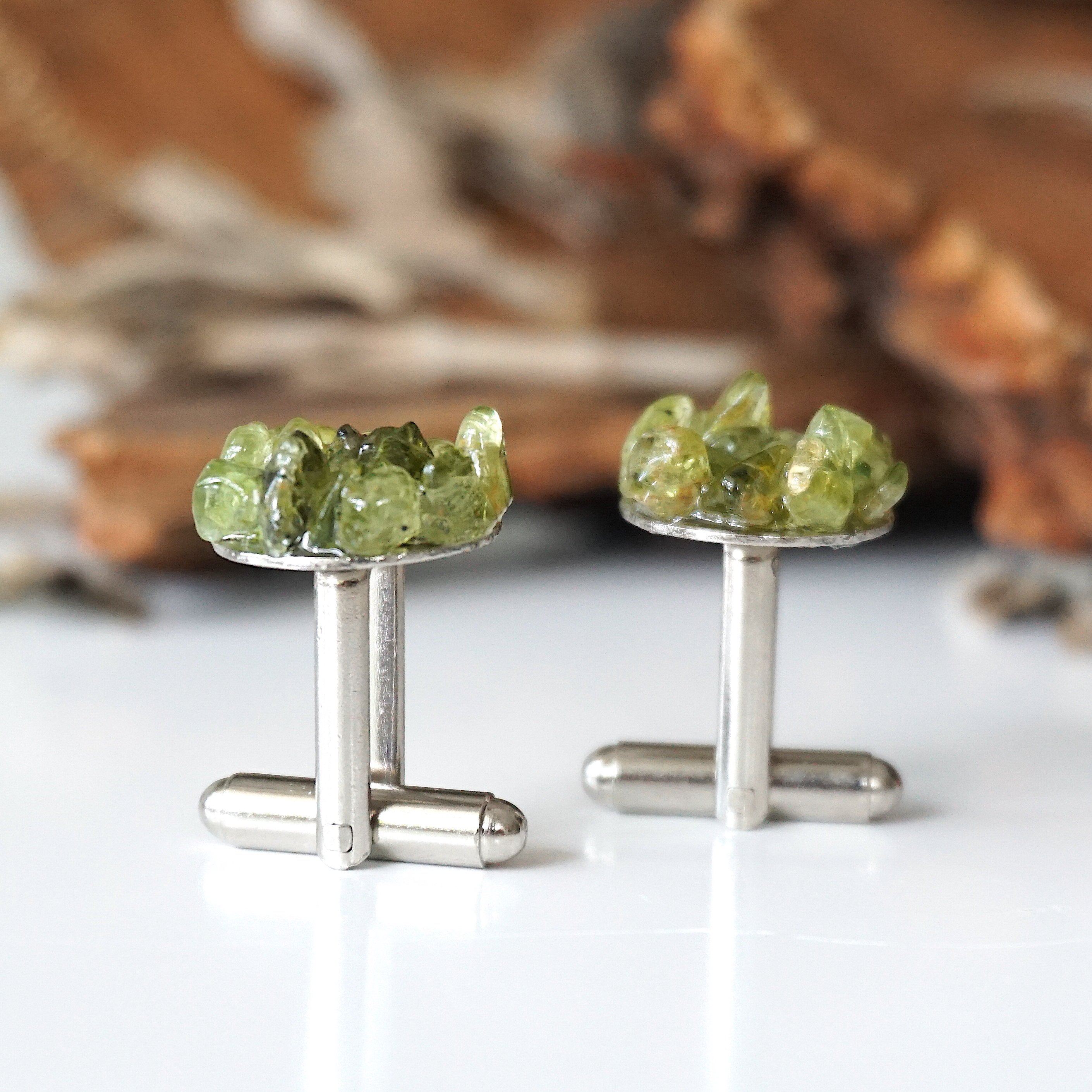 Peridot Cufflinks for Men - White Gold Plated Brass Dress Accessories - Perfect for Weddings, Business Meetings & Formal Occasions