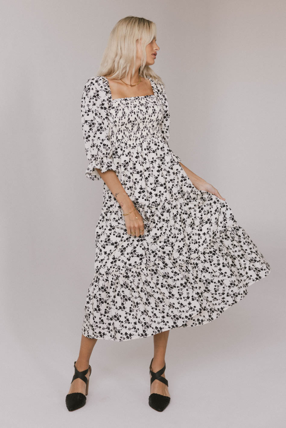 Kiran Floral Midi Dress in Cream | Elegant Floral Print Summer Dress for Women | Perfect for Weddings, Garden Parties & Brunch Dates