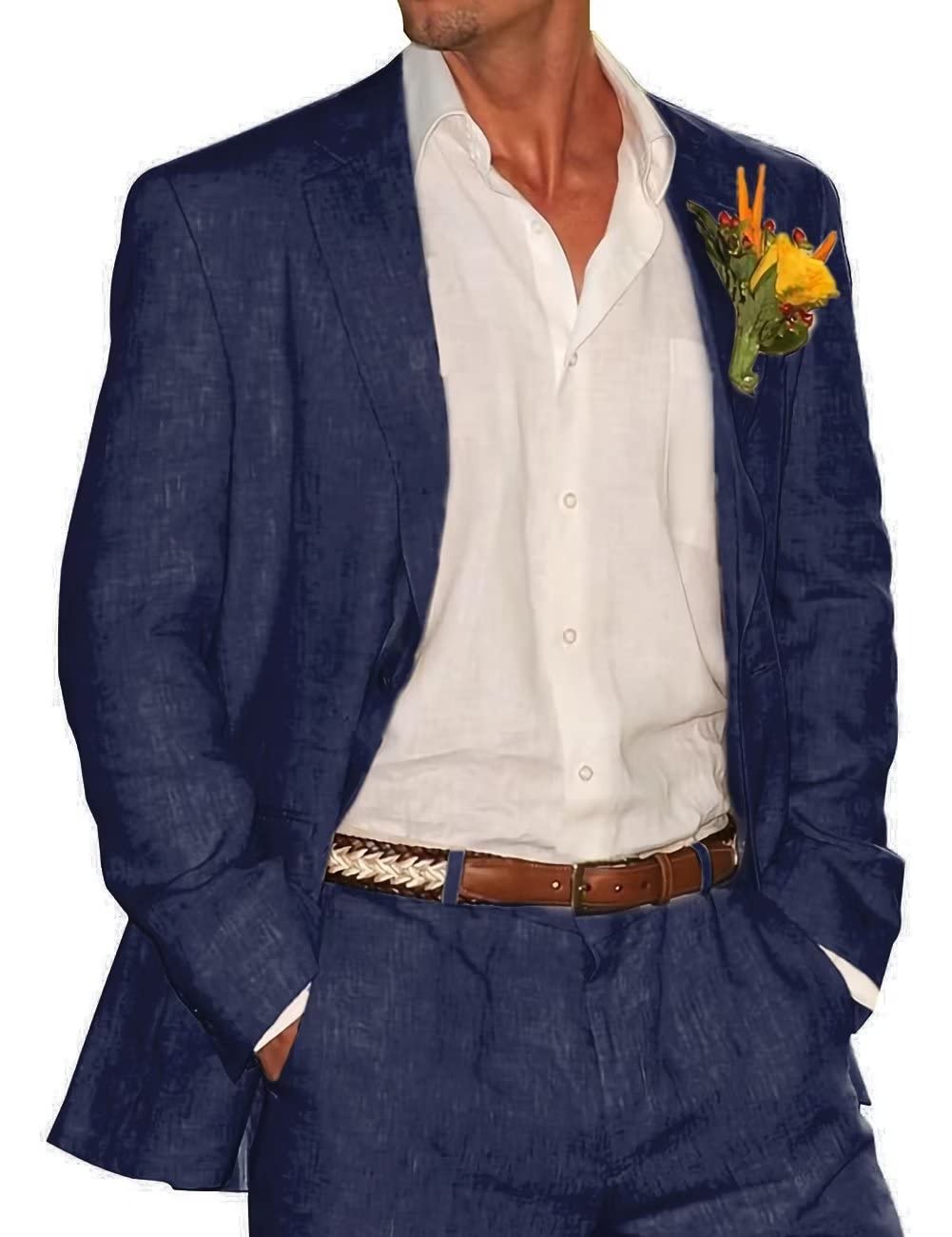 Men's Slim Fit Linen Suits 2-Piece Set - Summer Wedding Groomsmen Attire, Casual Linen Blazer for Prom & Parties (Big & Tall Sizes) - Perfect for Beach Weddings, Outdoor Events & Summer Business Casual