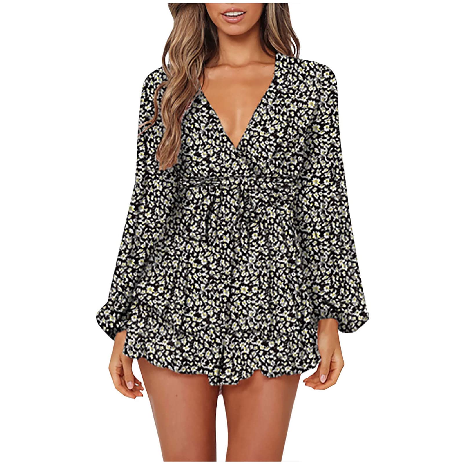Women's Sexy Floral Peplum Overalls - Chiffon Low Cut Bandage Beach Jumpsuit with Long Sleeves & V-Neck | Perfect for Summer Vacations, Beach Parties & Date Nights