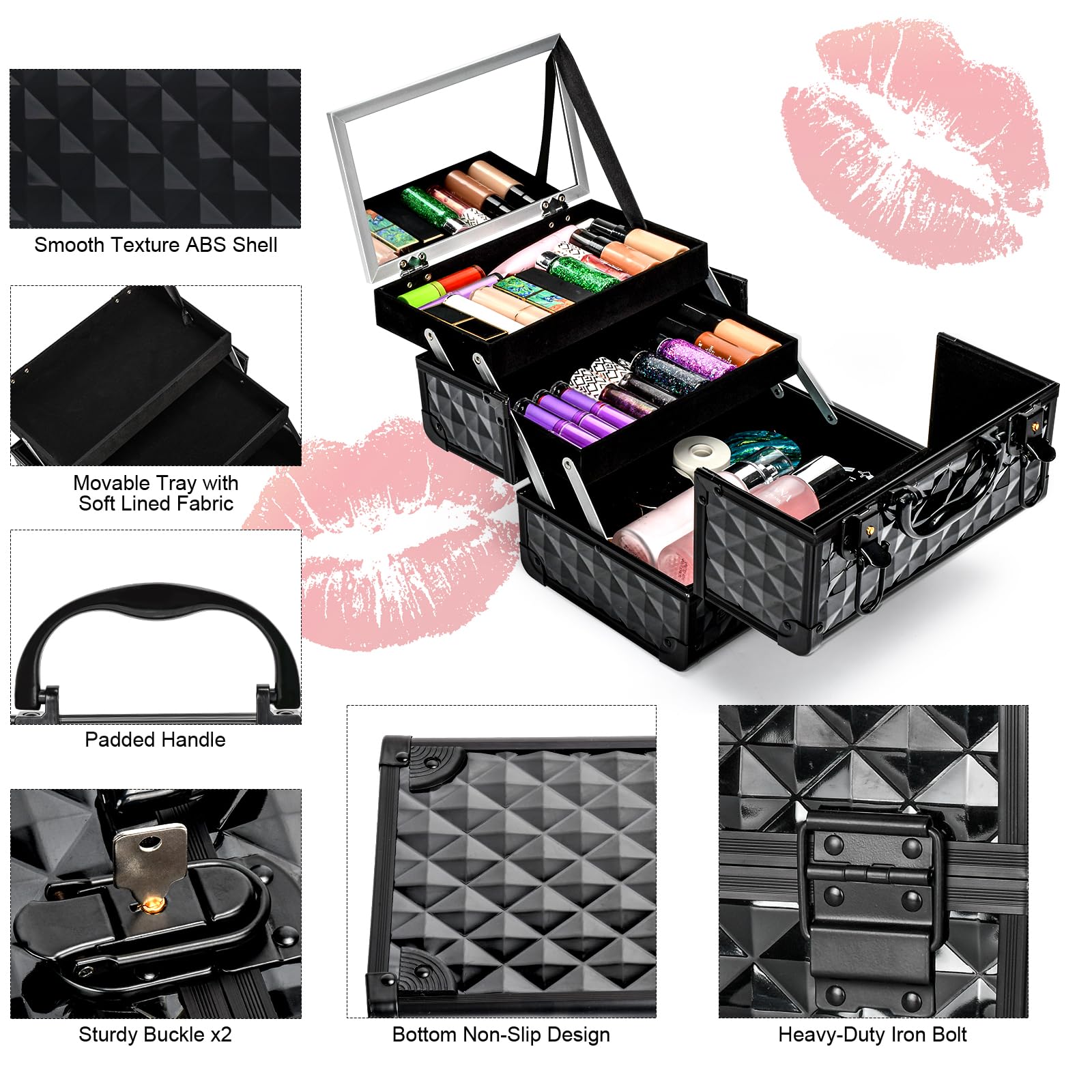 VETALLO Travel Makeup Organizer Case with Mirror - Large Portable Cosmetic Storage Box for Women | Perfect for Travel, Home Vanity & Bestie Gifts (Black)