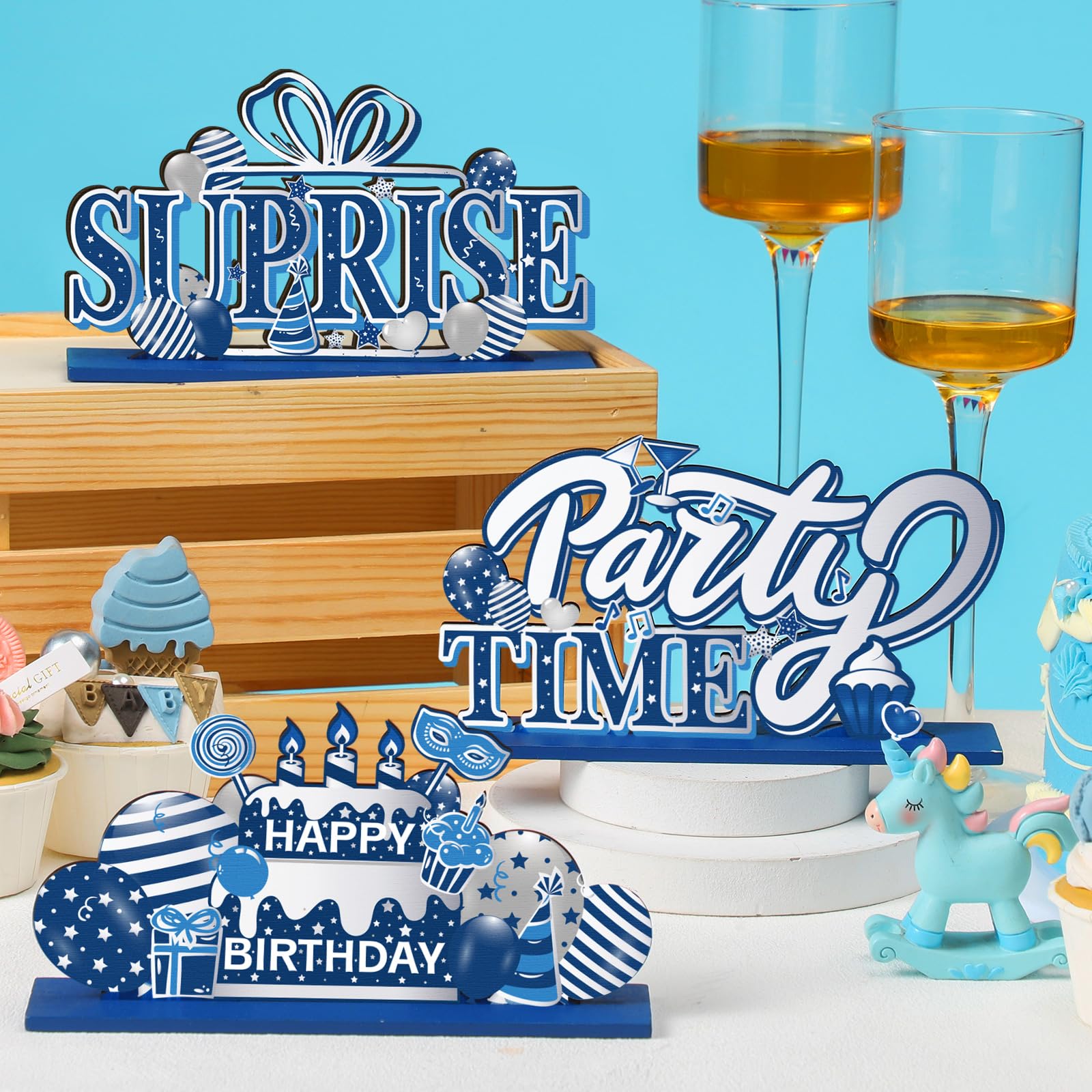 Hoolerry 6-Piece Wooden Birthday Party Decorations Set - Blue and Silver Table Centerpieces for Men & Women | Perfect for Birthday Celebrations, Anniversaries & Special Events