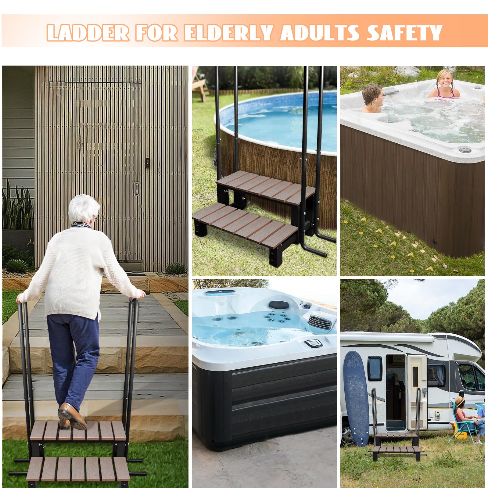 Above Ground Pool & Hot Tub Ladder with 2 Handrails - 600 LB Capacity Non-Slip Spa Steps for Travel Trailers, Campers & 5th Wheels - Durable 2-Step Design for Safe Entry/Exit in Backyard, RV Parks & Vacation Homes