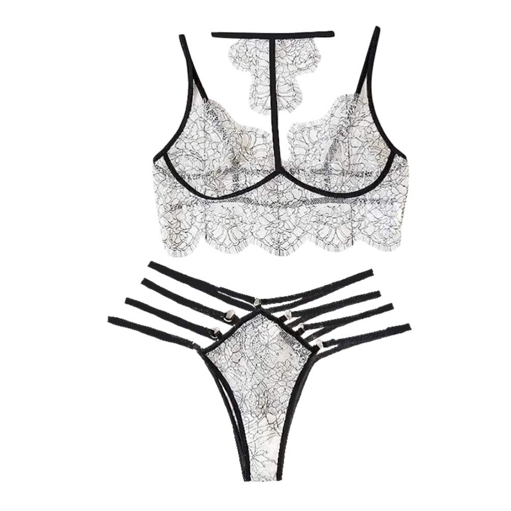 PRETYZOOM Women's Sexy Cross Back Lace Bra & Panty Set - Body Harness Bralette, Sheer Mesh Bodysuit for Nightwear, Beach Cover Up, Sleepwear & Pajamas - White Lingerie for Date Night & Boudoir Photography