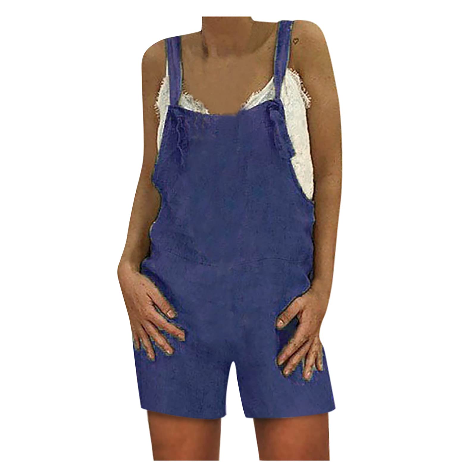 Women's Summer Cotton Linen Overalls - Classic Denim Jumpsuit with Short Bib in Solid Blue (Size L) | Casual Outfit for Beach, Shopping & Outdoor Activities