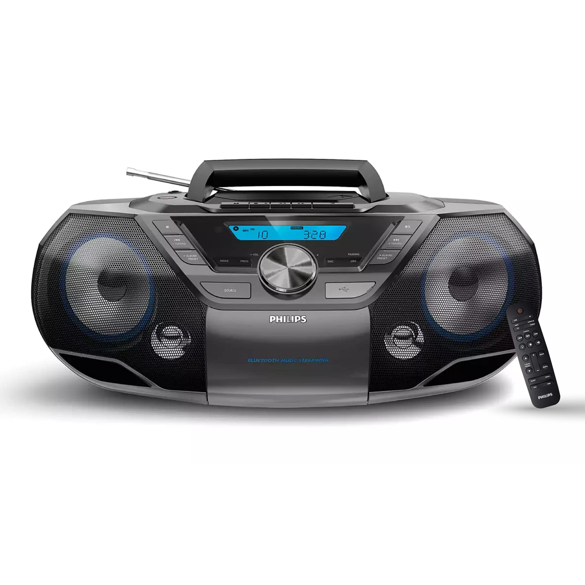 **Philips Portable CD Player Boombox with Bluetooth, Cassette Player, Mega Bass & FM Radio - USB/MP3/AUX Input, LCD Display - Perfect for Home, Parties & Outdoor Use**