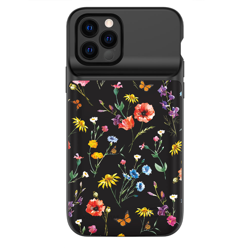Black Wildflower iPhone Charging Case - Portable Battery Charger for iPhone 11/12/13/14/15 Pro Max - Perfect for Travel, Work & Outdoor Adventures