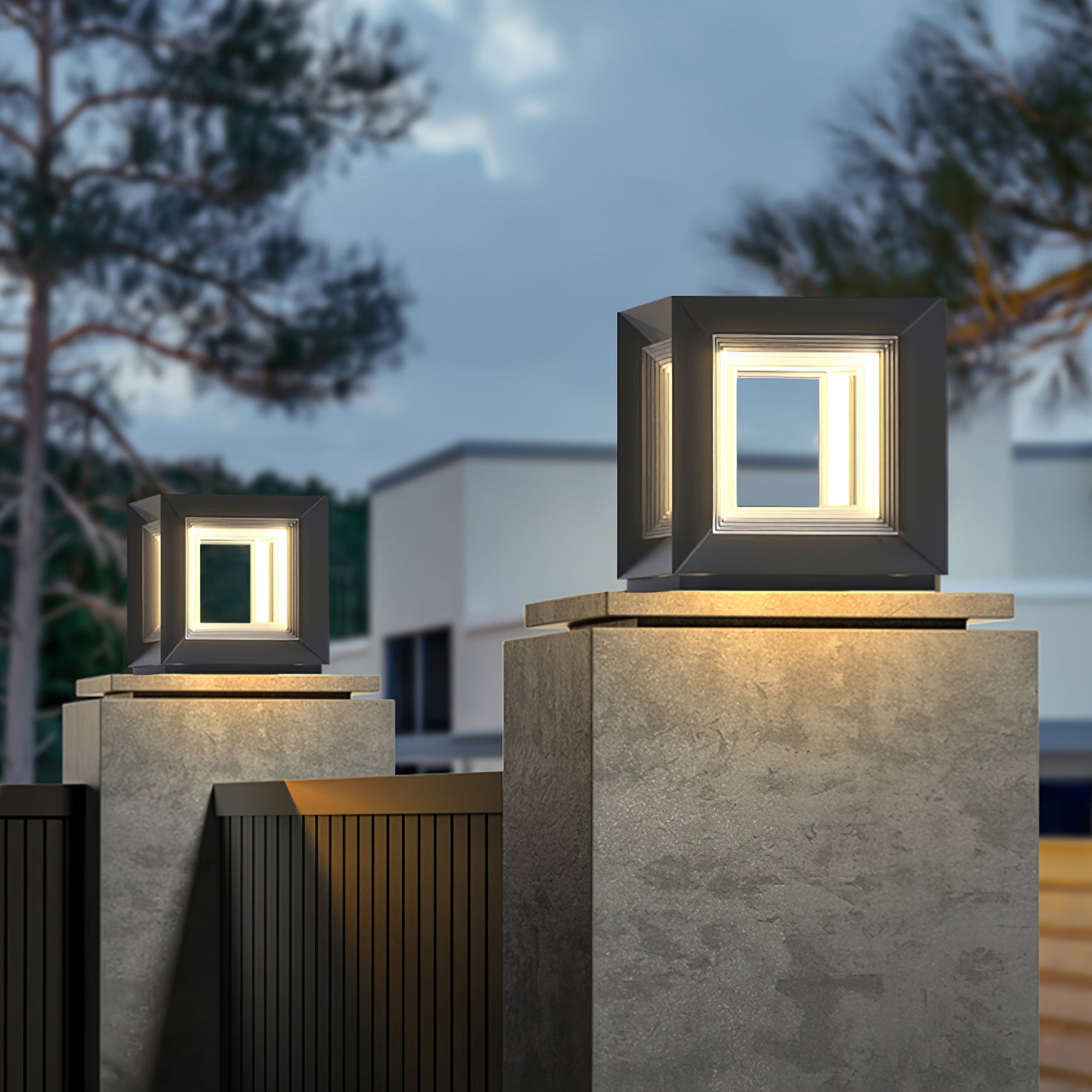 Modern LED Light Cube Outdoor Post Light - Waterproof Solar Powered Garden Lighting for Pathways, Driveways & Patio Decor