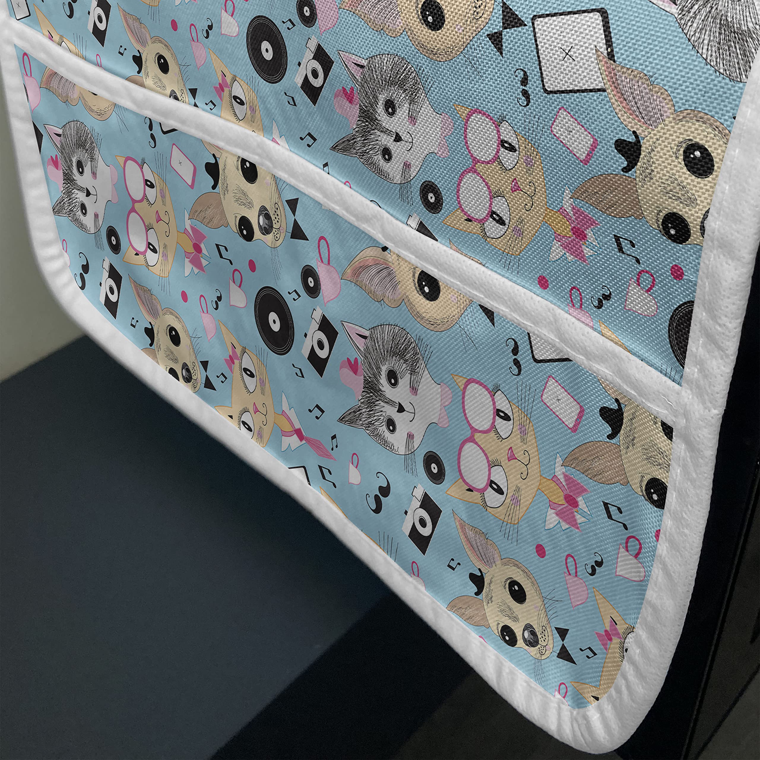 Ambesonne Retro Microwave Cover - Waterproof Kitchen Organizer with Pockets, 36x12 Inch - Vintage Animal Print Featuring Bow Tie Cat & Hat Dog on Blue Background - Perfect for Small Kitchen Appliances & Countertop Storage