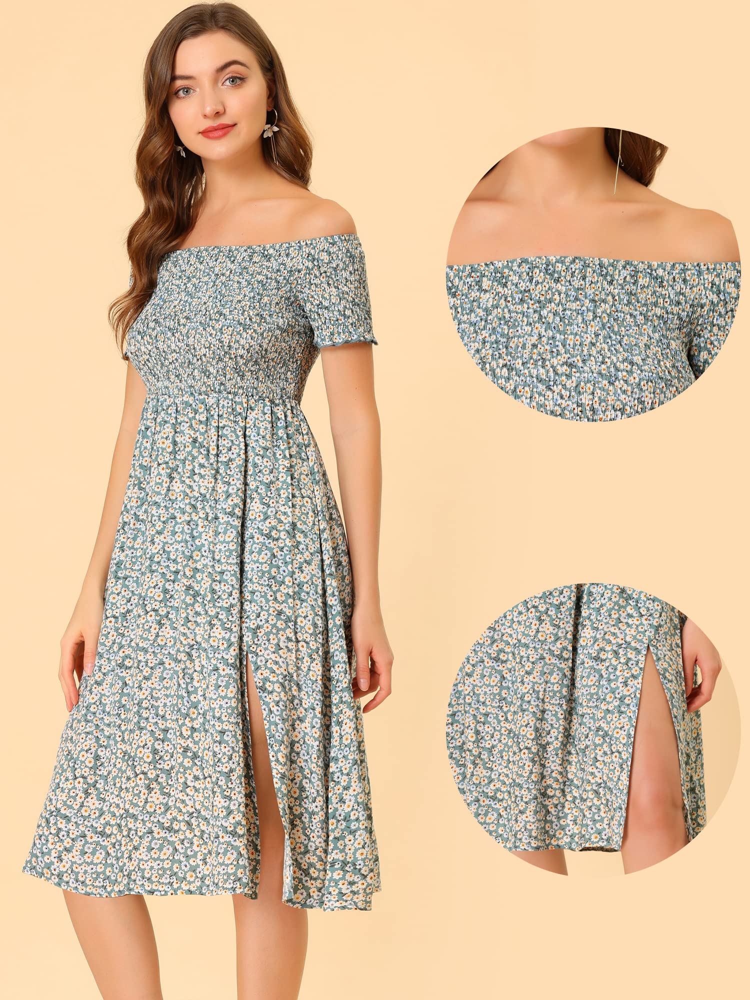 Allegra K Women's Off Shoulder Smocked Floral Midi Dress - Summer Short Sleeve Split Dress for Beach, Vacation & Date Night