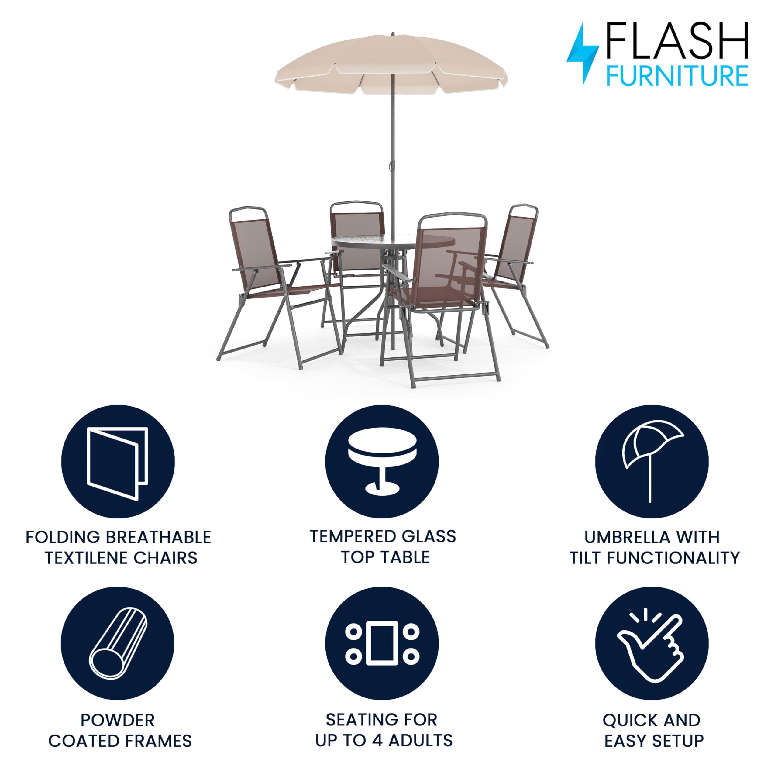 Flash Furniture Nantucket 6-Piece Outdoor Patio Dining Set with Glass Table, 4 Folding Chairs & Umbrella - Brown Rattan Wicker Furniture for Backyard, Garden, Poolside & Deck Dining