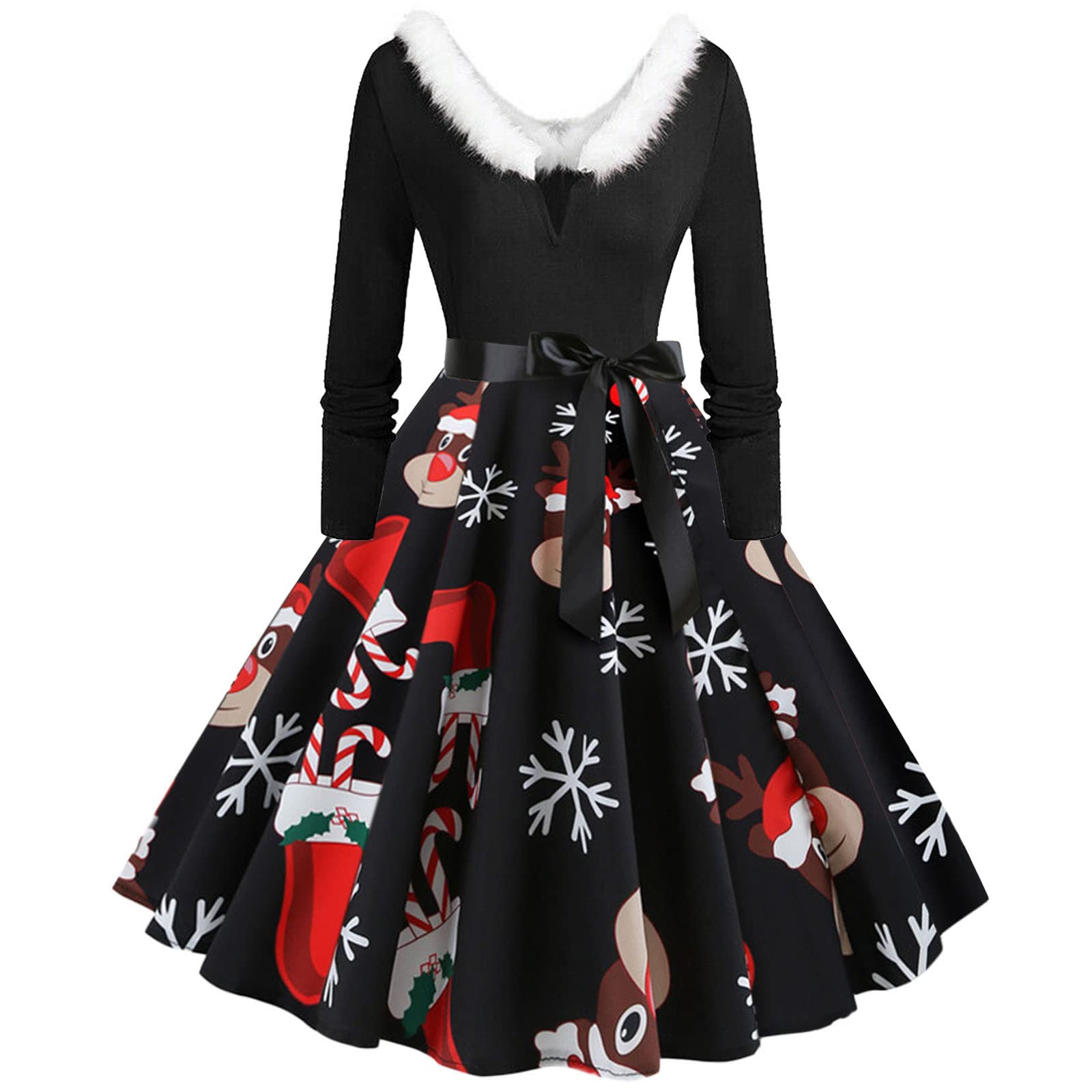 Vintage 1950s Women's Christmas Party Dress - Furry V-Neck Long Sleeve Retro Housewife Evening Gown for Teens & Adults | Perfect for Holiday Parties, Christmas Gatherings & Vintage-Themed Events
