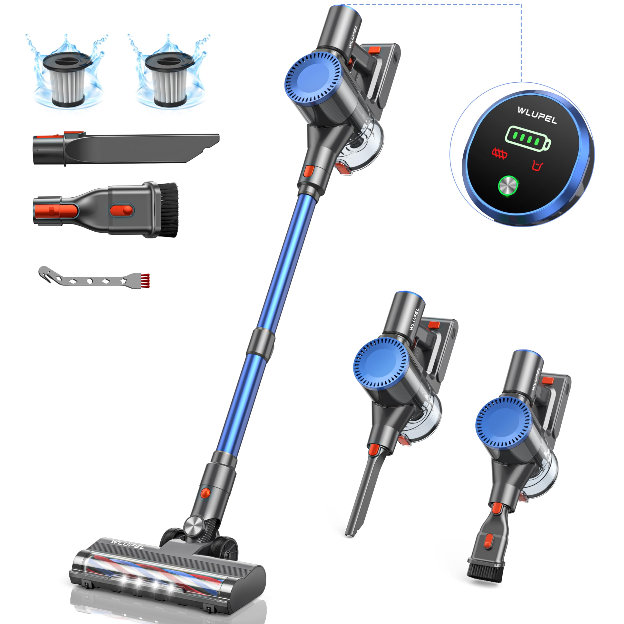 WLUPEL 30KPA 400W Cordless Stick Vacuum Cleaner - 45 Min Runtime, 80000RPM Powerful Motor - Lightweight Handheld Vacuum for Hard Floors, Carpets, Pet Hair & Car Cleaning - Perfect for Home, Office & Auto Detailing