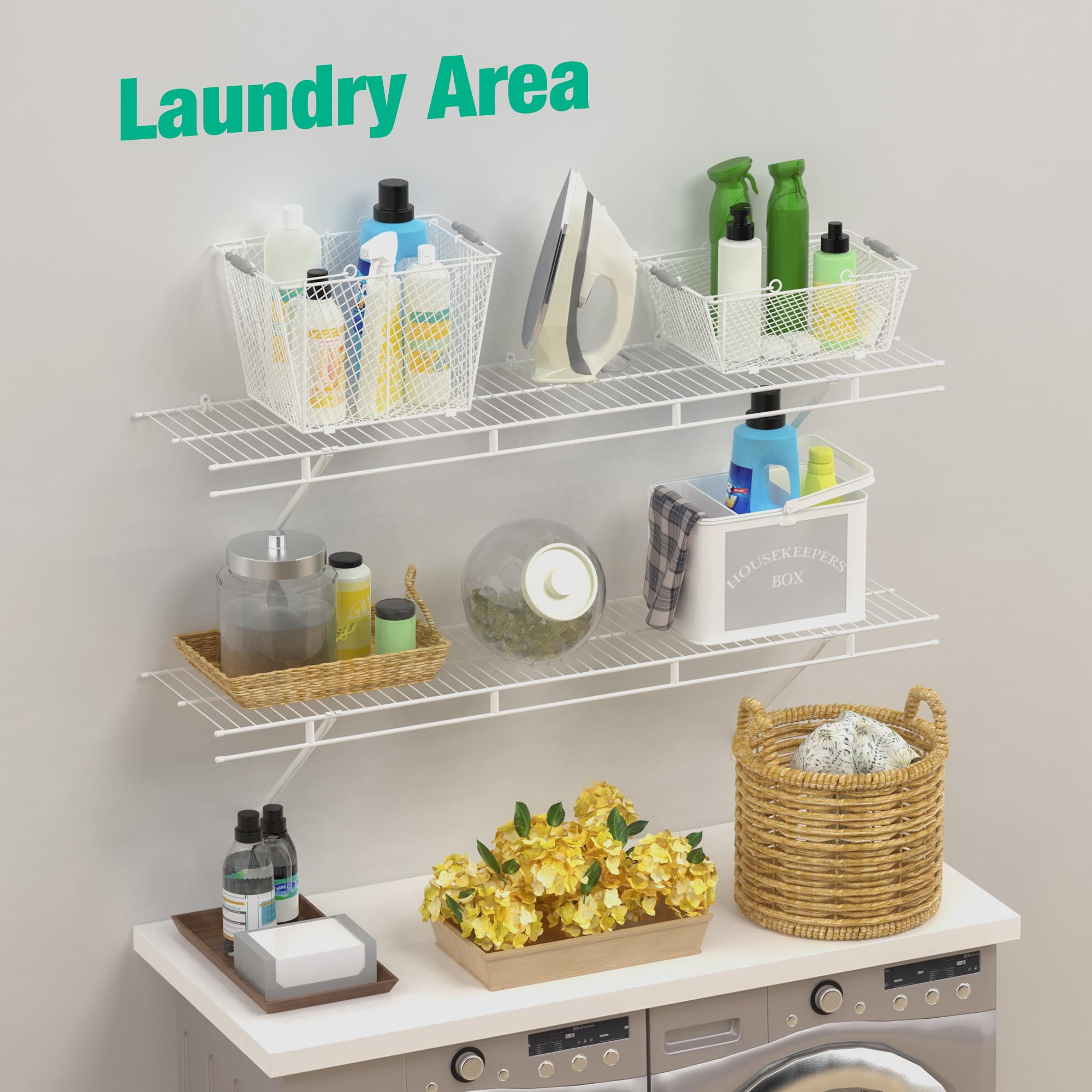HAUSHOF 4-Pack Wall Mounted Closet Shelves - 4 ft x 12 in White Wire Shelving for Laundry Room, Closet, Basement Organization & Storage - Perfect for Home, Office, Garage and Pantry Storage Solutions