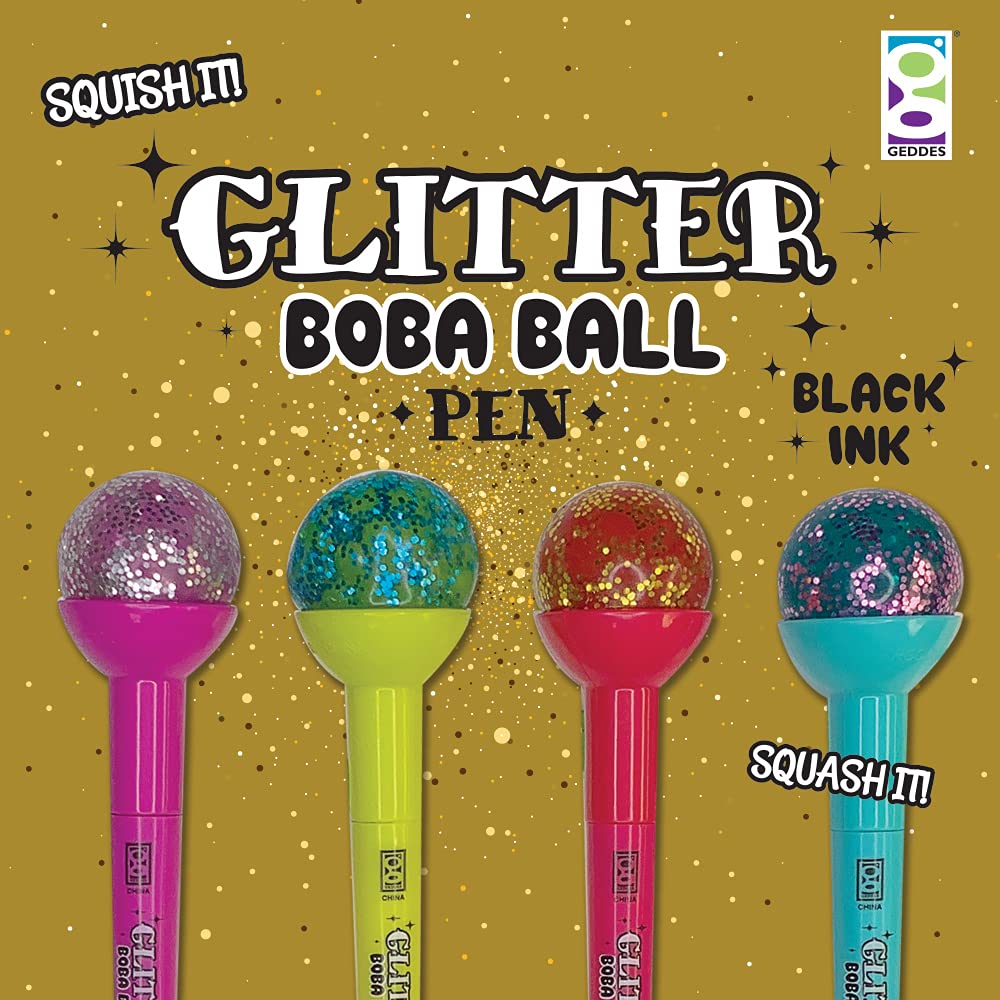 Raymond Geddes Glitter Boba Squishy Top Pens - Pack of 12 Colorful Fun Writing Pens for School, Office & Note Taking - Perfect Stress Relief Fidget Toy for Kids & Adults