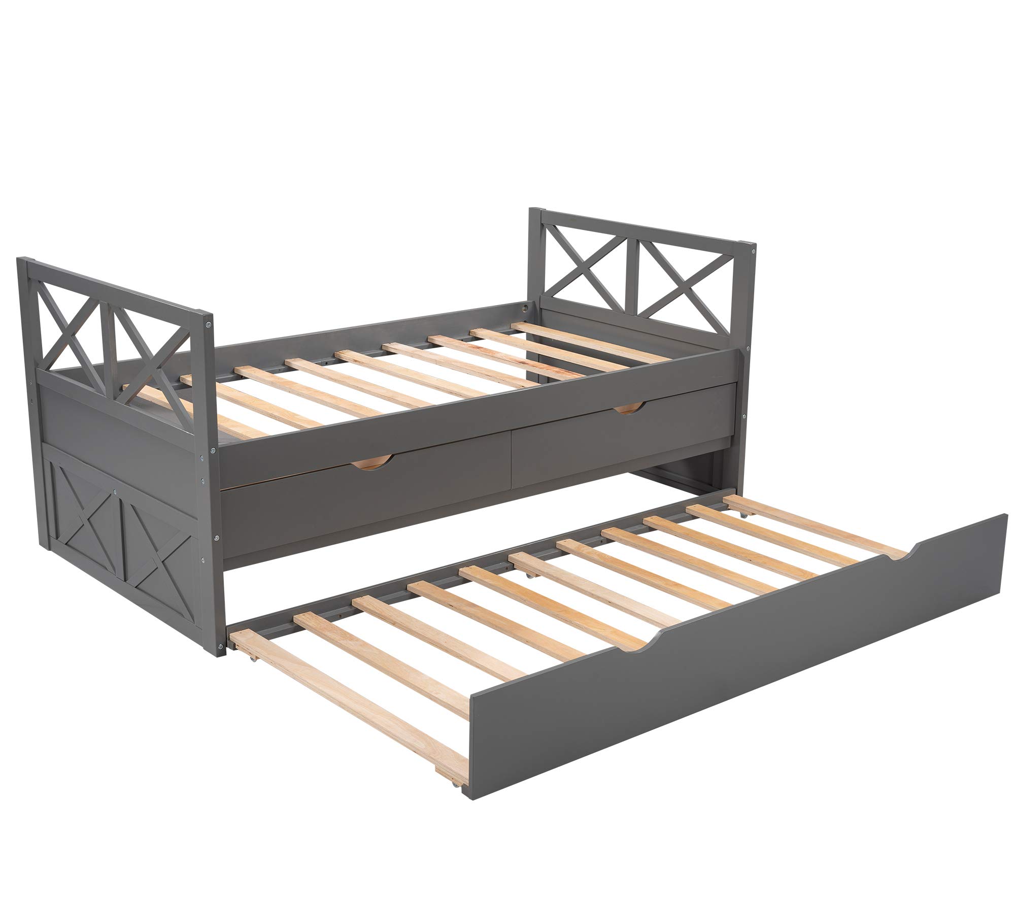 Twin Daybed with Trundle and Storage Drawers - Solid Wood Farmhouse Style Platform Bed Frame with Slat Support, No Box Spring Needed - Perfect for Guest Rooms, Small Spaces & Living Room Lounging