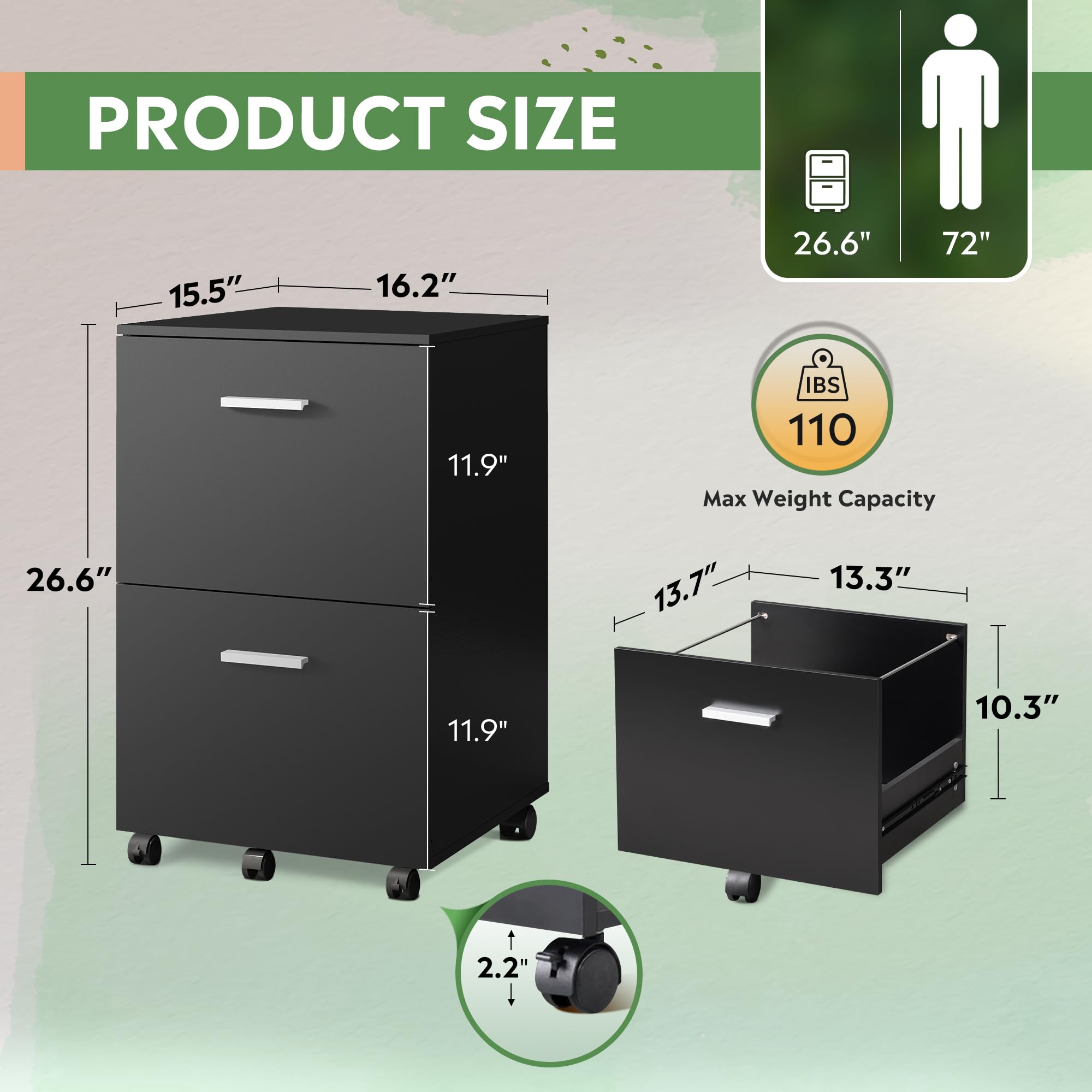 DEVAISE 2-Drawer File Cabinet - Small Rolling Filing Cabinet for Home Office, Organizes A4 & Letter Size Hanging Files, Wooden Under Desk Storage (Black) - Perfect for Home Office Organization & Small Space Storage Solutions