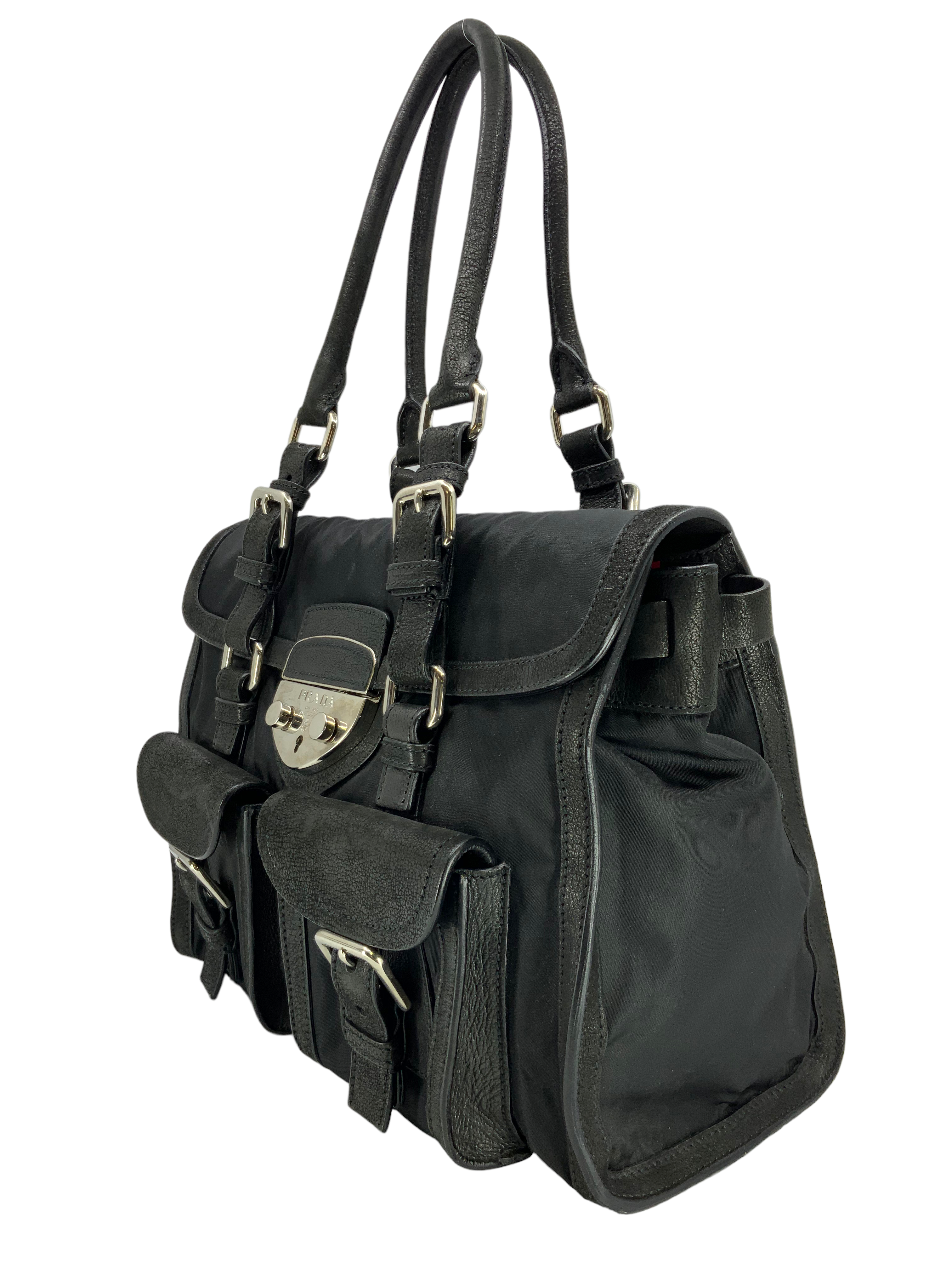 Prada Nylon and Leather Crossbody Bag with Front Pocket - Luxury Designer Handbag for Women | Perfect for Work, Travel & Everyday Use