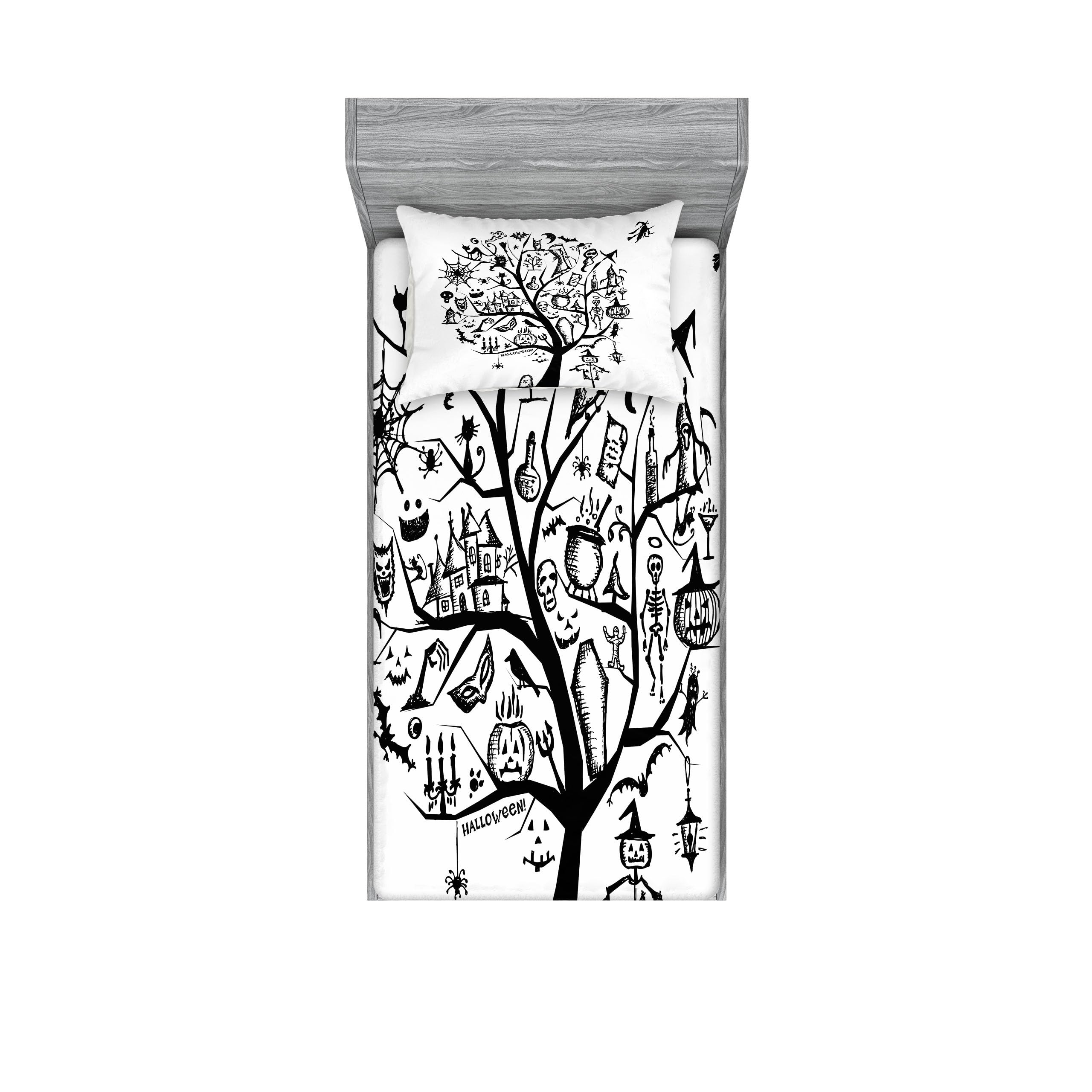 Ambesonne Halloween Fitted Sheet & Pillow Sham Set - Spooky Tree & Witch Broom Design, 2-Piece Twin Size Black White Bedding Set | Perfect for Halloween Decor, Themed Bedrooms & Spooky Sleepovers