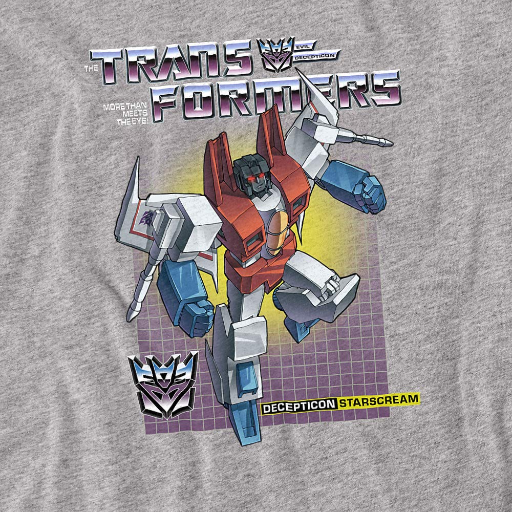 PopFunk Classic Transformers Starscream Graphic T-Shirt for Kids 7+ Years | Unisex Short Sleeve Tee with Stickers | Athletic Heather | Perfect for School, Play & Cosplay (Medium)