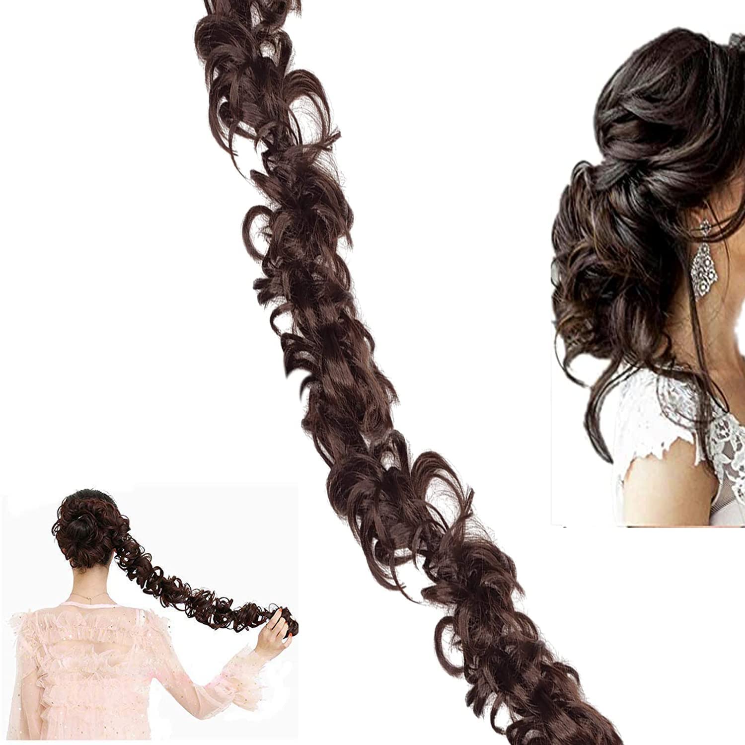 Flysales® Synthetic Frill Hair Extensions - Elastic Stretchable Curly Wavy Hairpiece for Volume & Messy Bun - DIY Ponytail Maker for Women & Girls (Brown, Pack of 1) - Perfect for Parties, Weddings & Everyday Styling