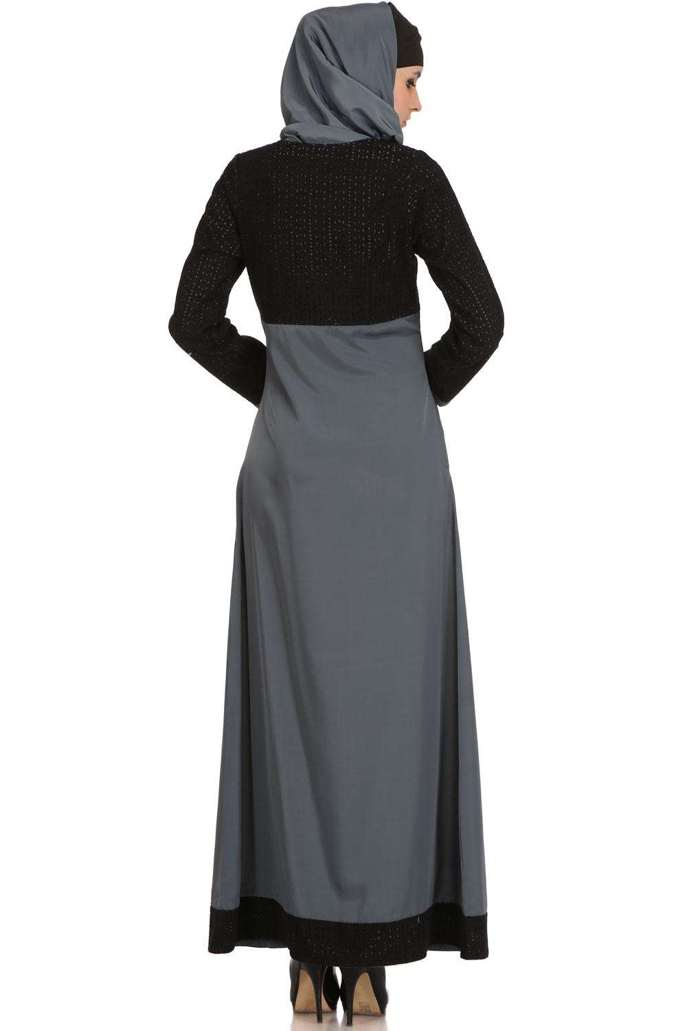 Elegant Black & Grey Schiffli Crepe Abaya Dress for Women - Modest Islamic Prayer Dress for Mosque & Special Occasions