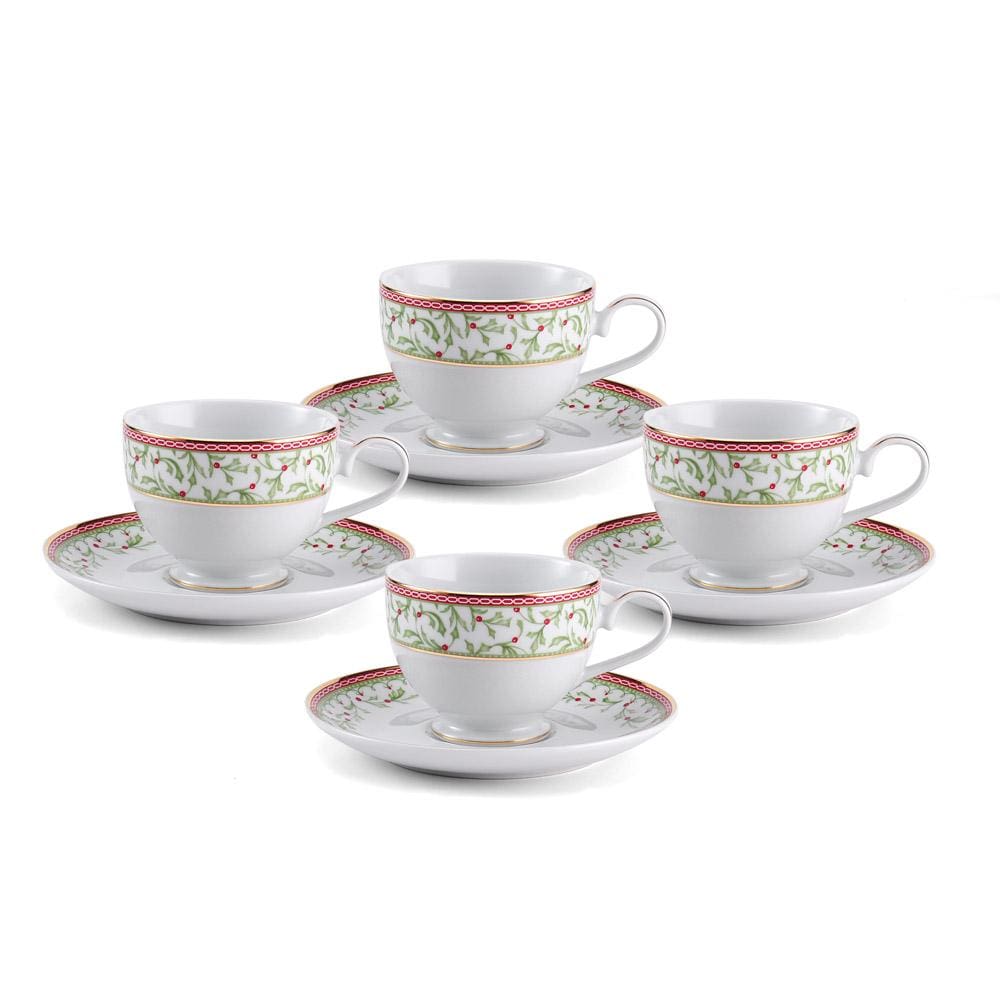 Holiday Traditions Tea Cups and Saucers Set of 4 - Elegant Porcelain Tea Set for Christmas, Thanksgiving & Family Gatherings - Perfect for Afternoon Tea, Holiday Parties & Gift Giving