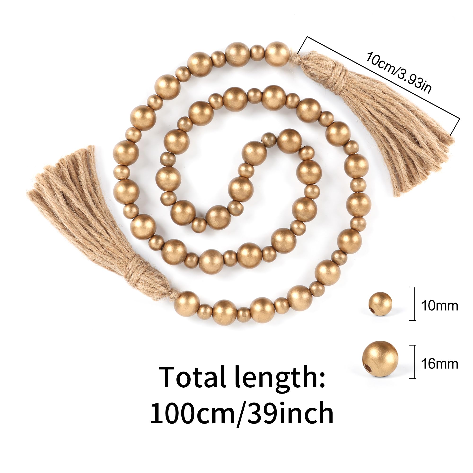 Yagoo Wood Bead Garland with Tassels - Rustic Farmhouse Decor, Boho Prayer Beads for Wall Hanging, Shelf Styling & Home Decoration (Gold) | Perfect for Living Room, Bedroom & Wedding Decor