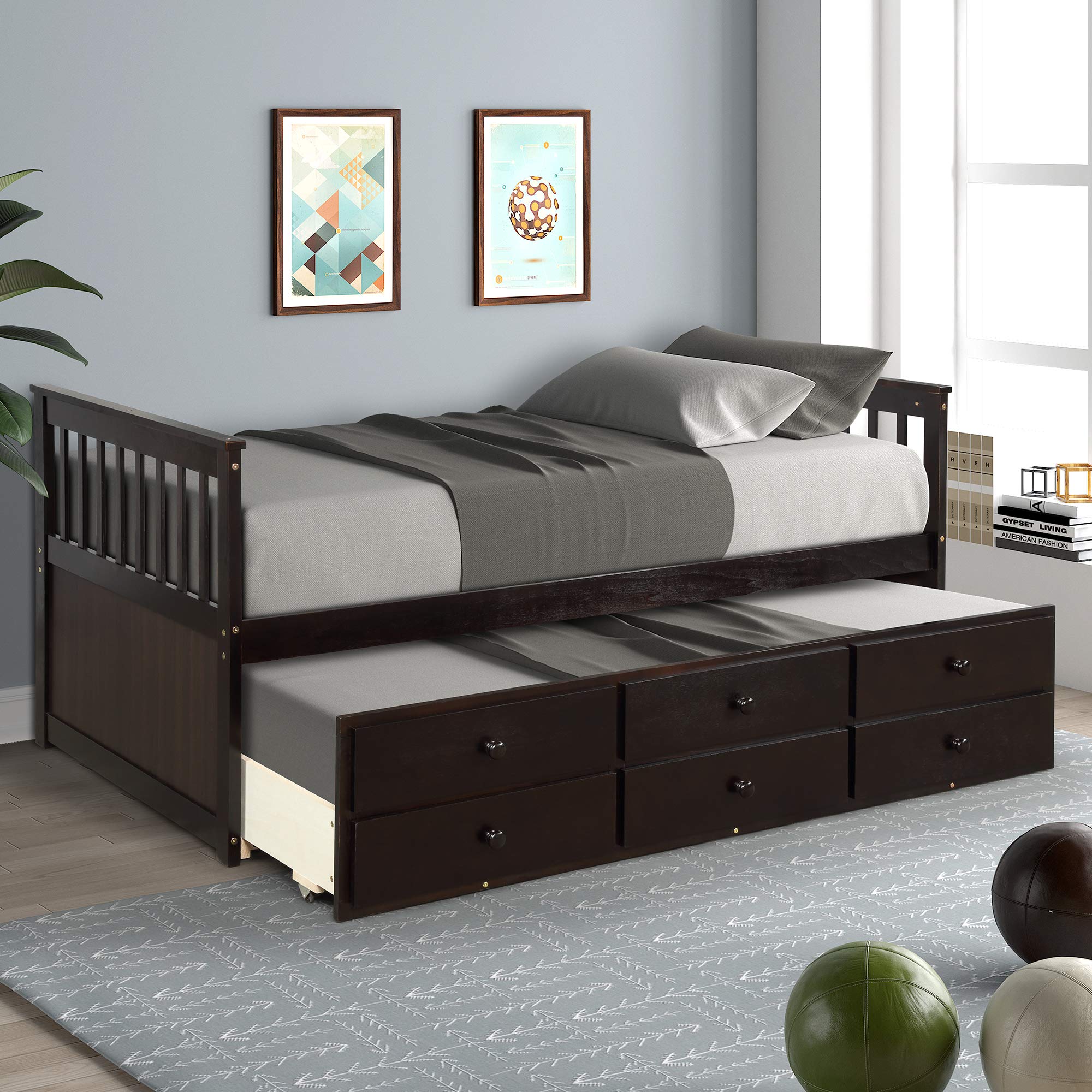 Merax Twin Captain’s Bed with Trundle Bed & Storage Drawers - Espresso Finish | Space-Saving Kids Bedroom Furniture for Small Rooms & Guest Beds