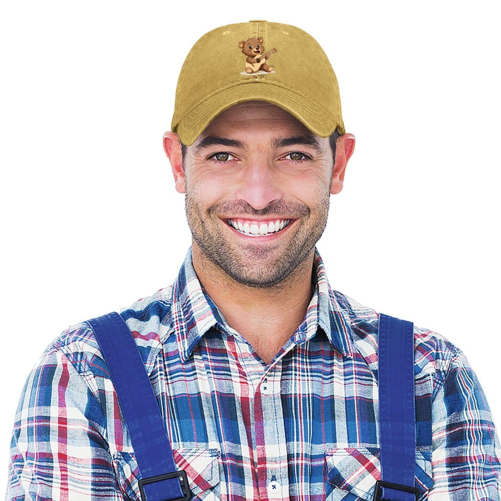Vintage Denim Trucker Hat with Cute Bear Ukulele Design - Baseball Cap for Men & Women - Perfect for Golf, Gaming, and Casual Wear