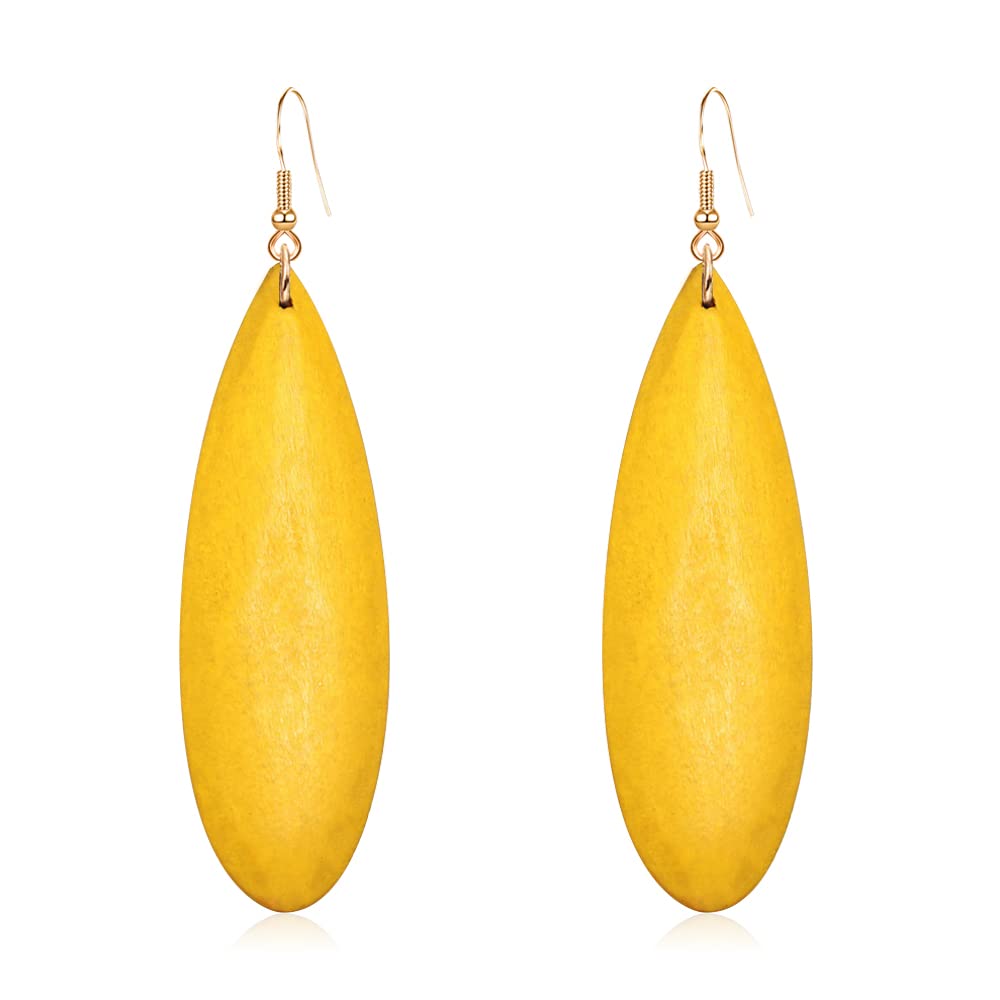 Handmade Lightweight African Teardrop Wood Earrings for Women - Natural Wood Bohemian Retro Dangle Drop Earrings, Vintage Geometric Long Big Design in Black Brown & Yellow | Perfect for Boho Chic, Festival, Casual & Party Outfits