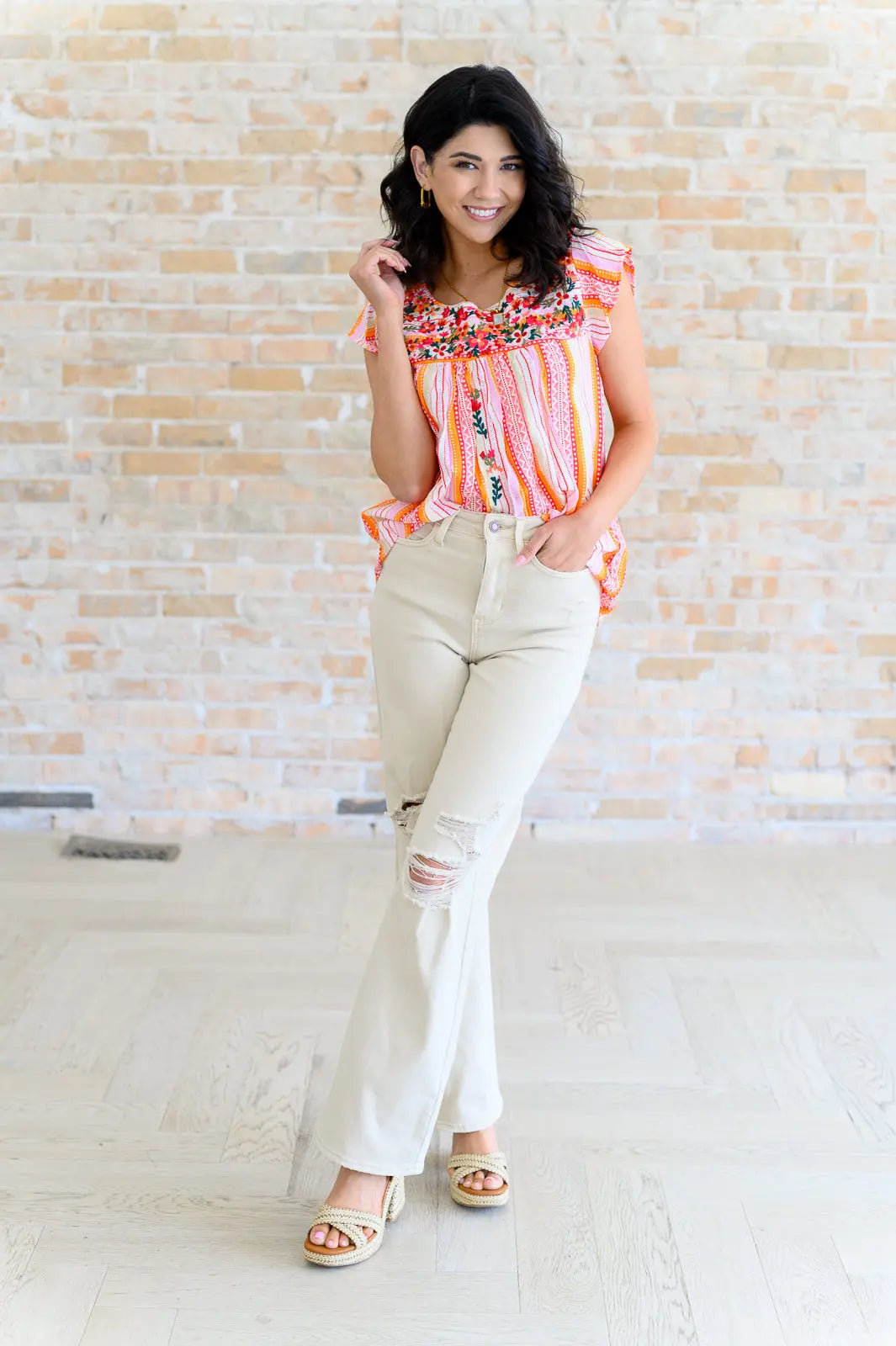 Orange Blossom Flutter Sleeve Blouse for Women - Flowy Boho Summer Top with Ruffle Details | Perfect for Beach Vacations, Date Nights & Outdoor Brunch