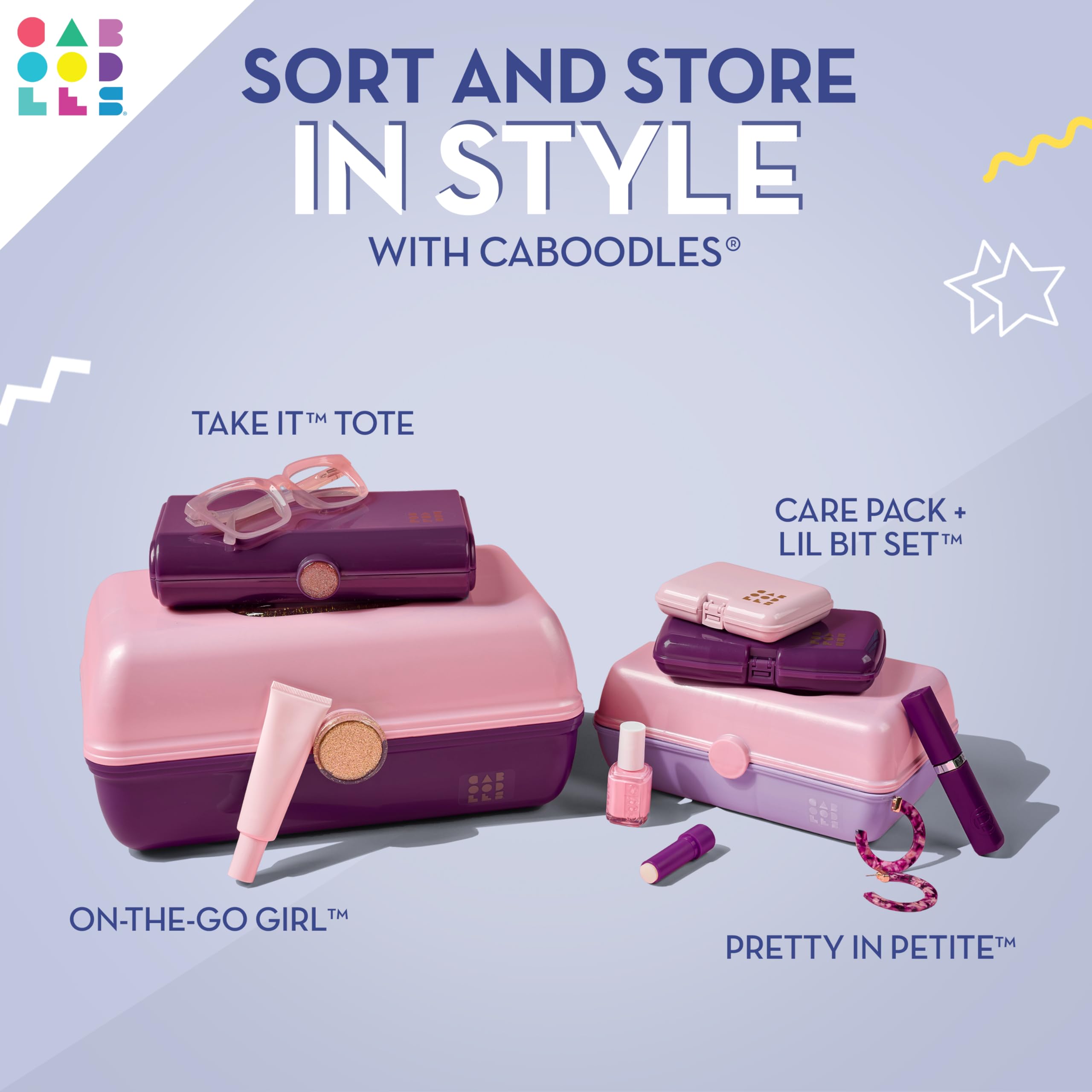 Caboodles Pretty in Petite Makeup Box - Two-Tone Periwinkle on Pink Hard Plastic Cosmetic Organizer with 2 Swivel Trays & Fashion Mirror | Travel-Friendly Secure Latch | Perfect for Travel, Home Vanity & On-the-Go Makeup Storage