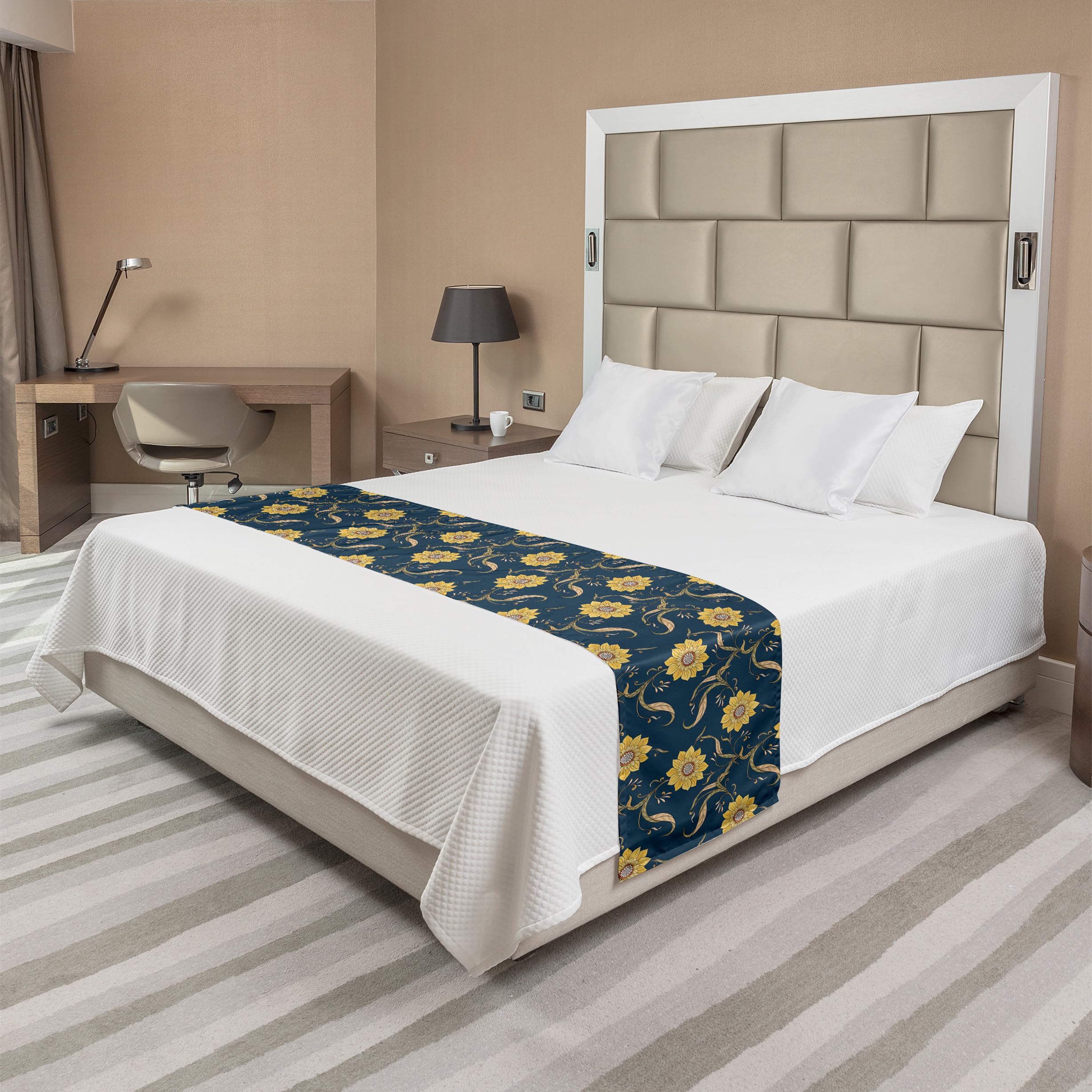 Ambesonne Sunflower Bed Runner - Floral Wild Pointy Petals Print Decorative Accent Bed Scarf for Hotels, Homes & Guest Rooms in Dark Sky Blue & Mustard | Perfect for Farmhouse, Boho & Rustic Bedroom Decor