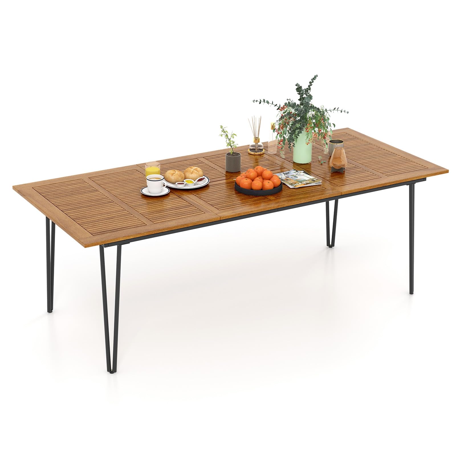 Tangkula 86.5-Inch Outdoor Dining Table with Acacia Wood Tabletop & Metal Legs - Rectangular Patio Table with Umbrella Hole for Garden, Deck, Backyard - Seats 8 People (86.5