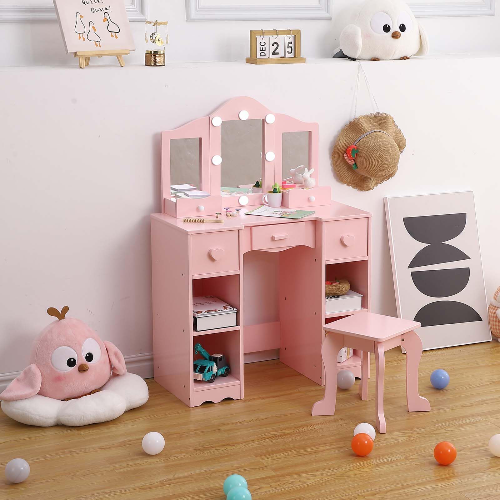 **Pink Princess Vanity Table for Girls - Kids Makeup Dressing Table with Tri-Fold Mirror, Drawer & Storage Shelves, Includes Chair - Perfect for Toddler Pretend Play, Birthday Gifts & Bedroom Decor**