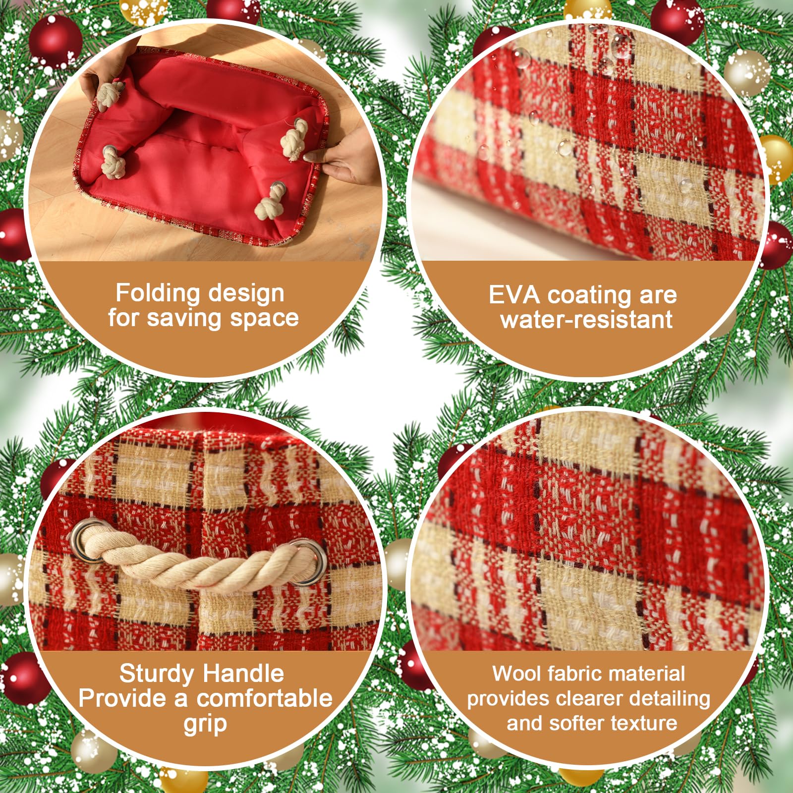 INough Christmas Ornament Storage Box | Holiday Decoration Organizer with Handles | Buffalo Plaid Collapsible Gift Basket for Kids | Farmhouse Style Home Decor | Perfect for Storing Ornaments, Wrapping Gifts & Holiday Organization