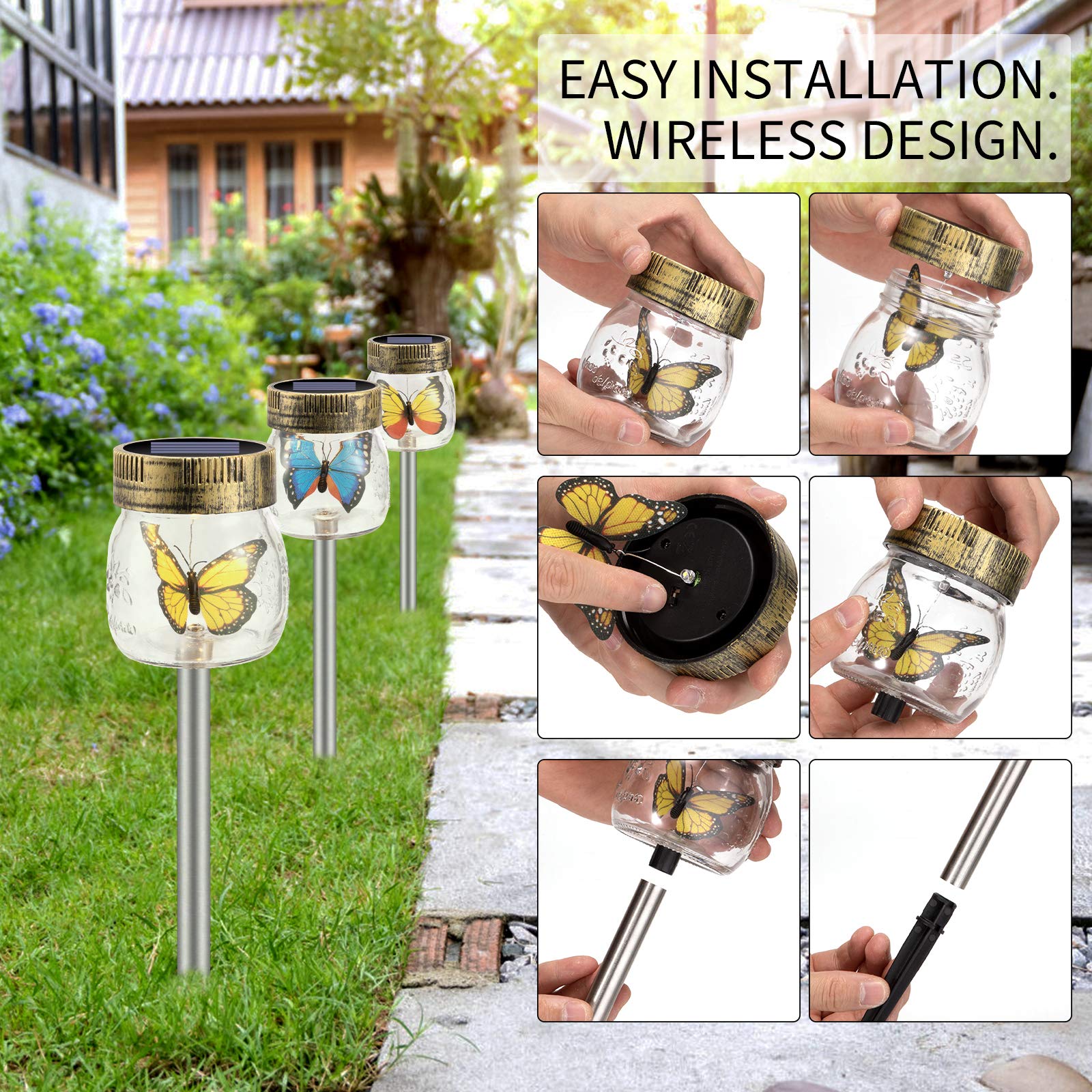 SUNWIND 3 Pack Solar Garden Lights Outdoor - Decorative Butterfly Glass Jar Solar Lights for Pathway, Lawn, Yard | Waterproof & Auto On/Off | Perfect for Patio, Garden, Walkway Decoration at Night