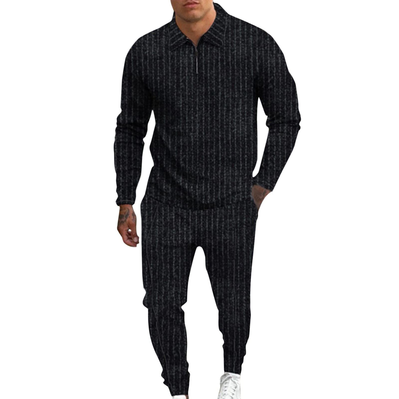 Men's Casual Stripe Two Piece Set - Zipper Collar Blouse & Drawstring Pocket Pants | Tan Suits for Men 2 Piece Outfit | Perfect for Office, Travel & Casual Wear