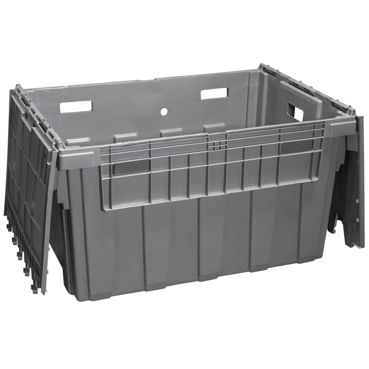 Buckhorn AS3424201201000 50 Gallon Heavy Duty Plastic Storage Tote with Hinged Lid - 34x24x20 Inches, Gray - Industrial Container for Warehouse, Garage & Commercial Storage