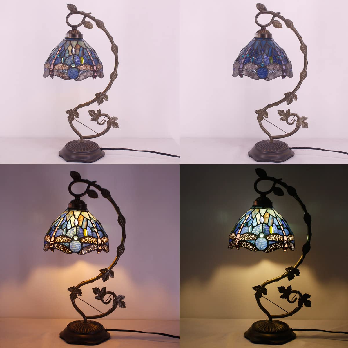 WERFACTORY Tiffany Style Dragonfly Table Lamp - Blue Stained Glass with Metal Leaf Design, 8x10x21 Inches - Perfect for Bedroom, Home Office & Small Space Decor | Reading Light & Ambient Lighting for Cozy Atmosphere (S631 Series)