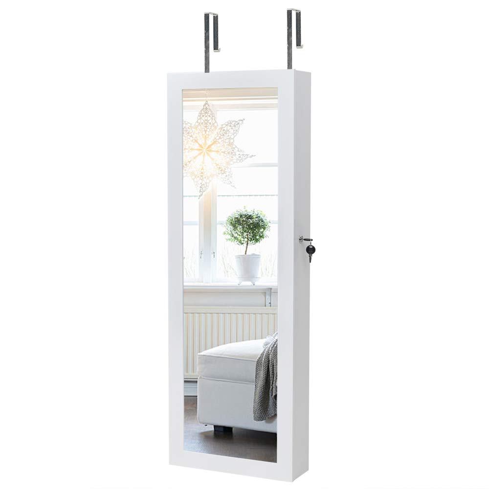 BRLUCKY Jewelry Storage Mirror Cabinet with LED Lights - 3-Layer Wall Mounted Shelf, 2 Drawers & 17 Cosmetic Brush Holders - White Wooden Vanity Organizer for Bedroom Makeup & Jewelry Display (95 White LED Lights, Interior Mirror) - Perfect for Dressing Room, Bathroom & Bedroom Decor