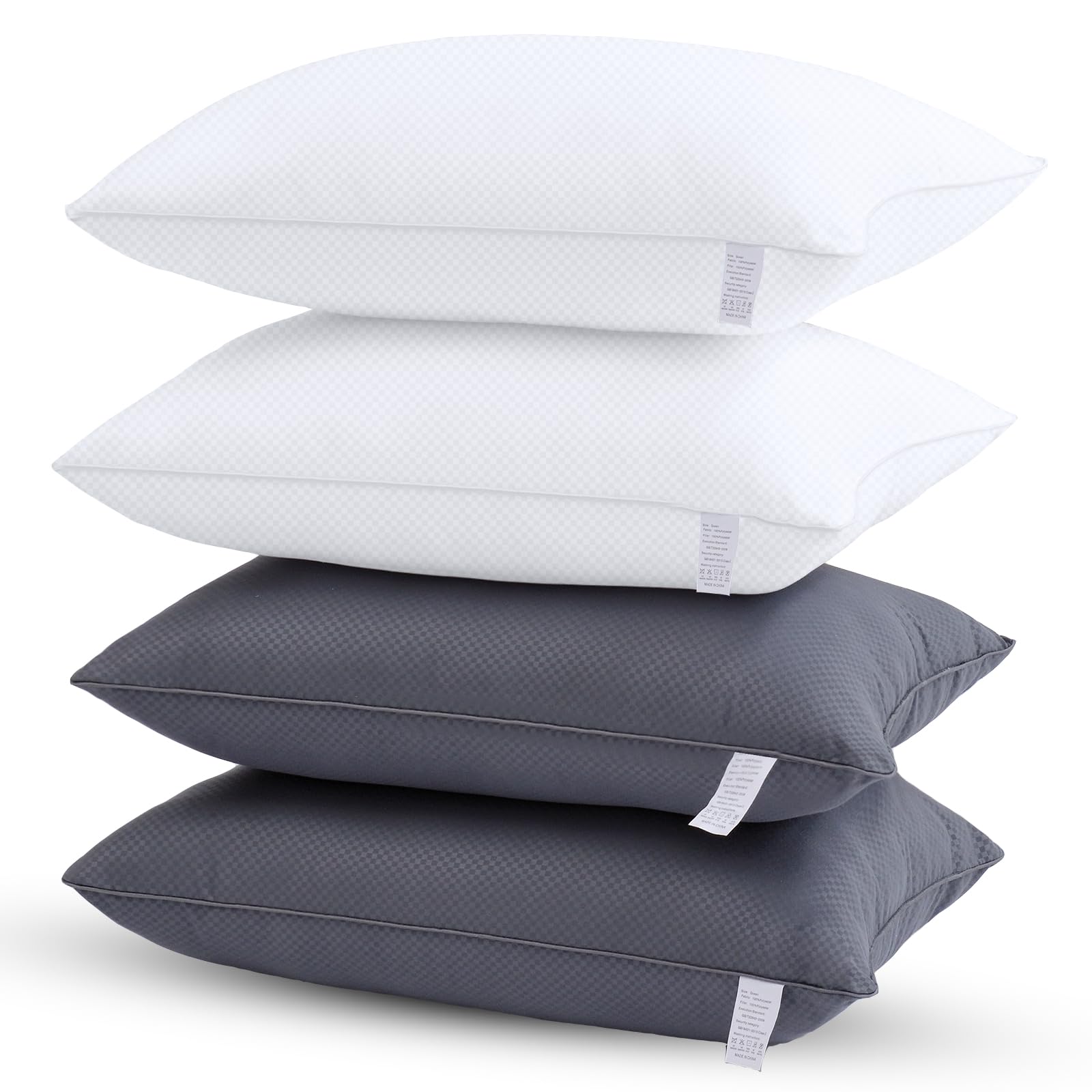 Premium Bed Pillows Set of 4 - Standard Size Soft Hotel Pillows with Hypoallergenic Down Alternative Filling for Side, Back & Stomach Sleepers | 2 White & 2 Grey Fluffy Pillows for Ultimate Comfort - Perfect for Home, Hotel, Guest Room & Airbnb Use