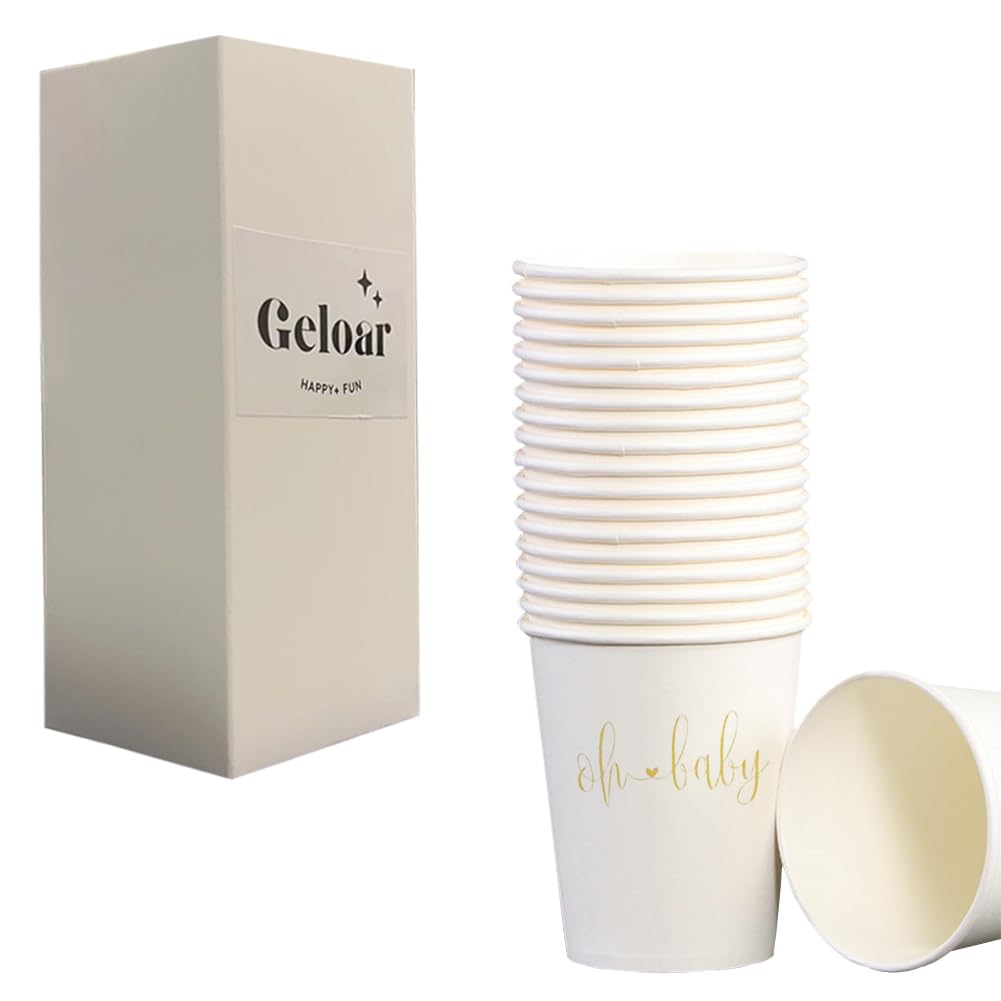 Oh Baby Disposable Paper Party Cups - 20 Pack 9oz Gold Heart Design for Baby Shower, Welcome Party & Gender Reveal - Elegant & Eco-Friendly Celebration Cups for Special Occasions