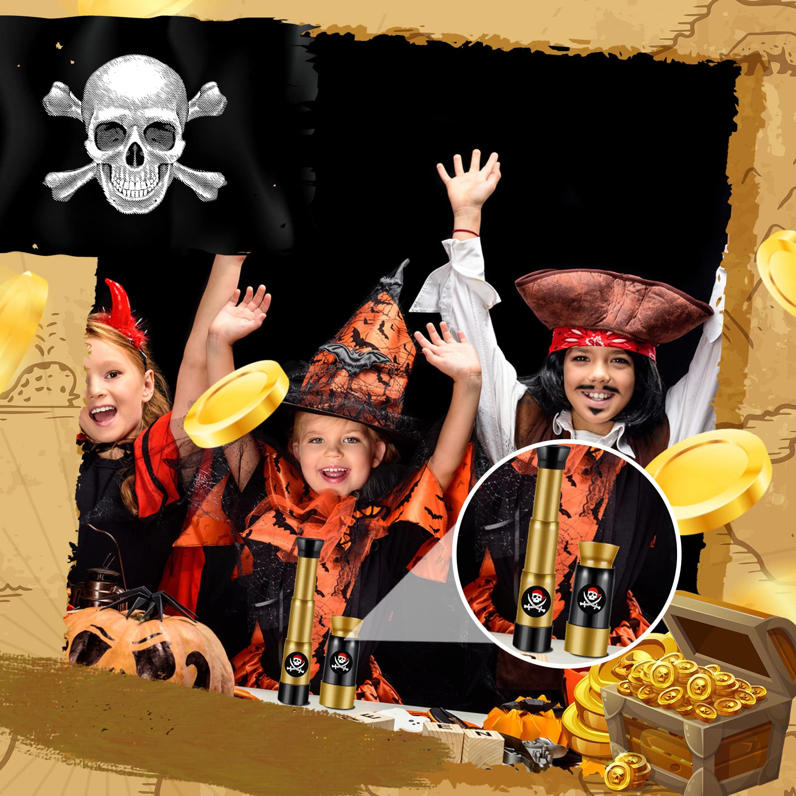 24 Pack Bulk Pirate Telescopes for Kids - Mini Spyglass Toy Set for Pirate Ship Treasure Hunt, Halloween & Birthday Party Favors - Perfect for Pretend Play, Dress Up & Adventure Themed Parties