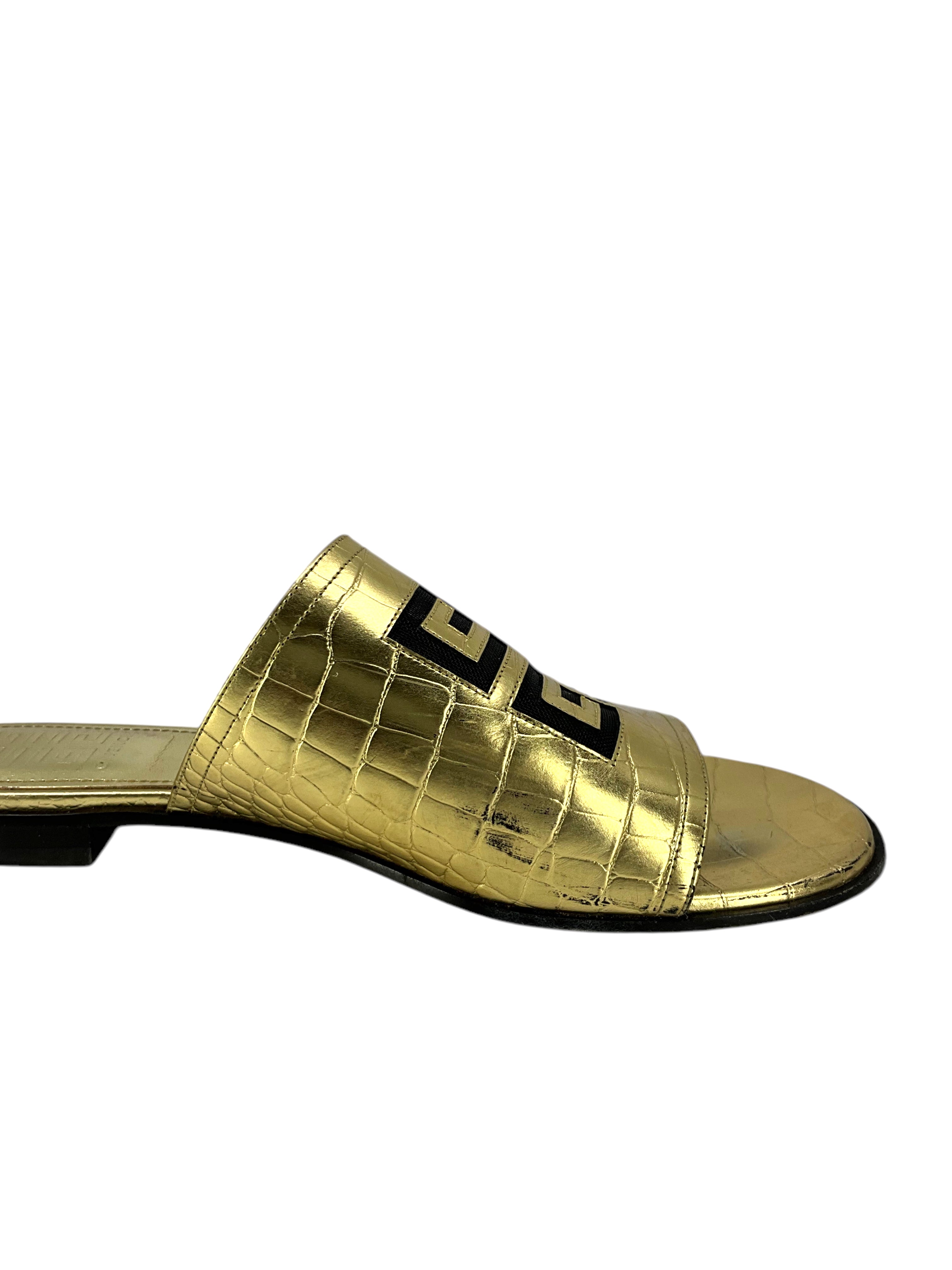 Givenchy 4G Flat Sandals - Metallic Crocodile Embossed Women's Sandals Size 8.5 | Luxury Comfortable Summer Shoes for Beach, Vacation & Casual Outings
