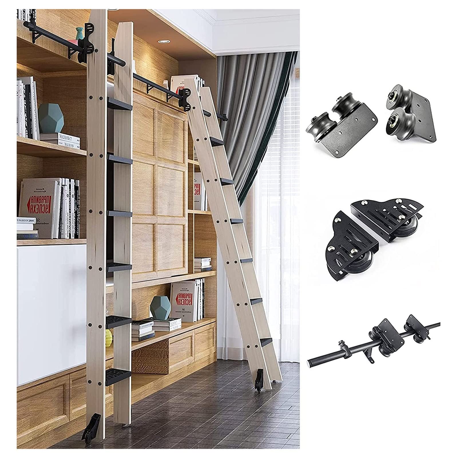 20ft Retractable Rolling Ladder Kit - Heavy Duty Sliding Barn Door Hardware with Floor Rollers & Round Tube Extension Tracks for Loft, Home Library, Warehouse - Easy Installation & Space Saving Solution