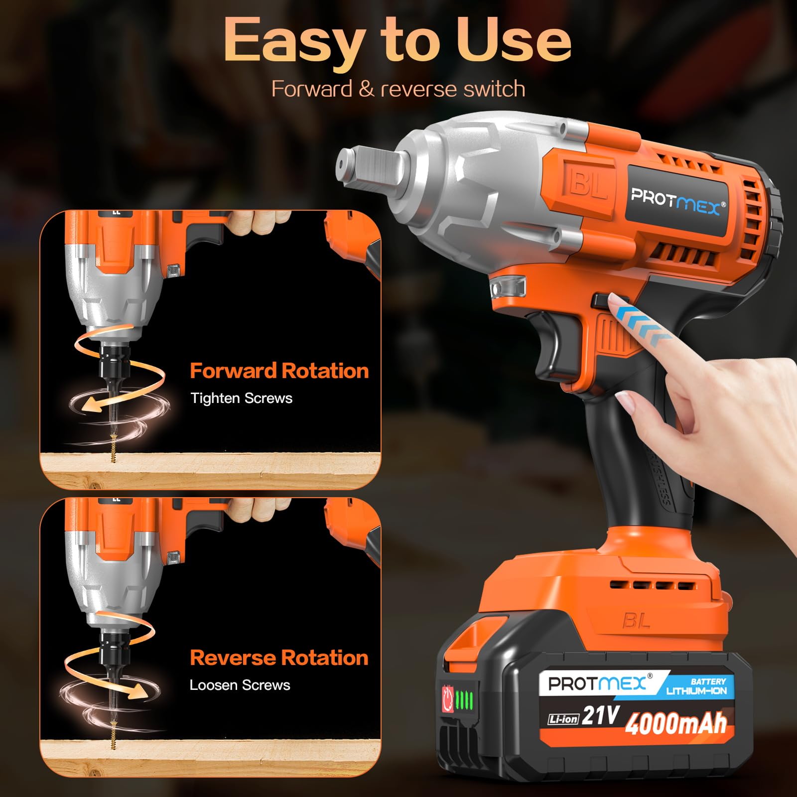 21V Cordless Impact Wrench with 2x 4.0Ah Battery - 665Ft-Ibs (900N.m) Torque, 1/2