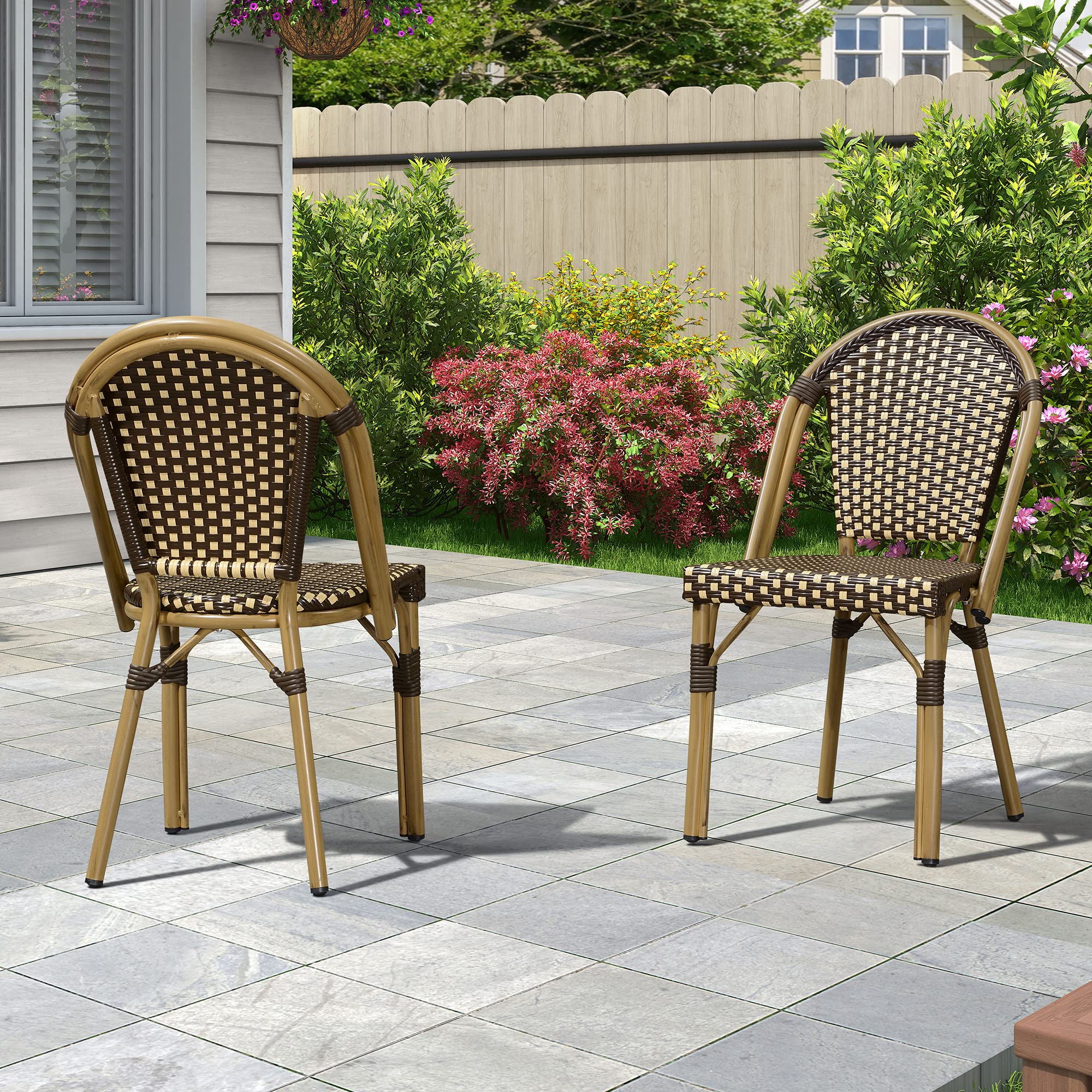 PURPLE LEAF Bistro Chairs Set of 2 - French Style Hand-Woven Wicker Dining Chairs for Outdoor & Indoor Use - Patio, Porch, Garden, Coffee Shop - Bamboo Print Finish - Comfortable & Durable