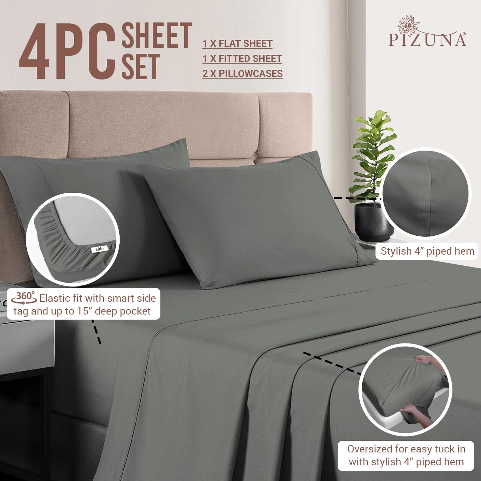 Pizuna Pure 100% Cotton King Size Sheets - 400 Thread Count Long Staple Sateen Weave with 15